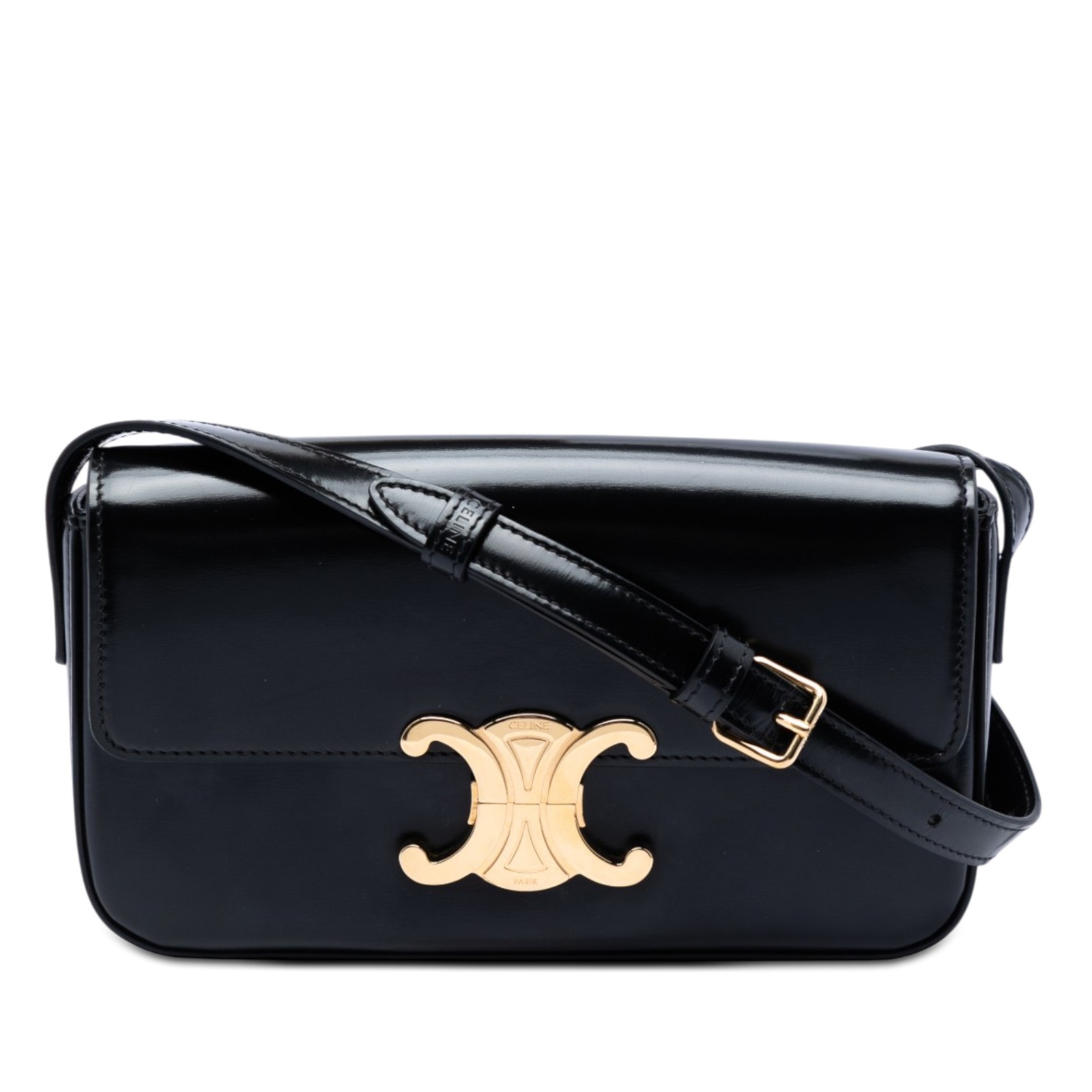 Celine Shiny Calfskin Triomphe Claude Shoulder Bag Pre-Loved Black