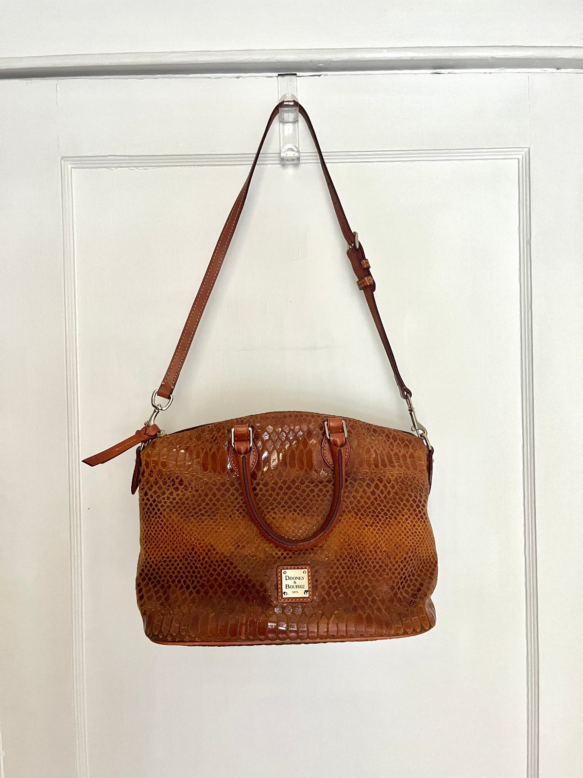 Dooney & Bourke Warm Brown Leather Snake Skin Zip Satchel Handbag w/strap