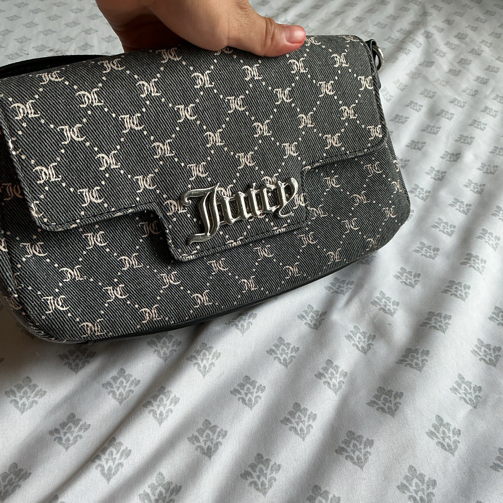 Juicy Couture Monogram Flap Shoulder Bag Chain Strap Magnetic Gray/Black