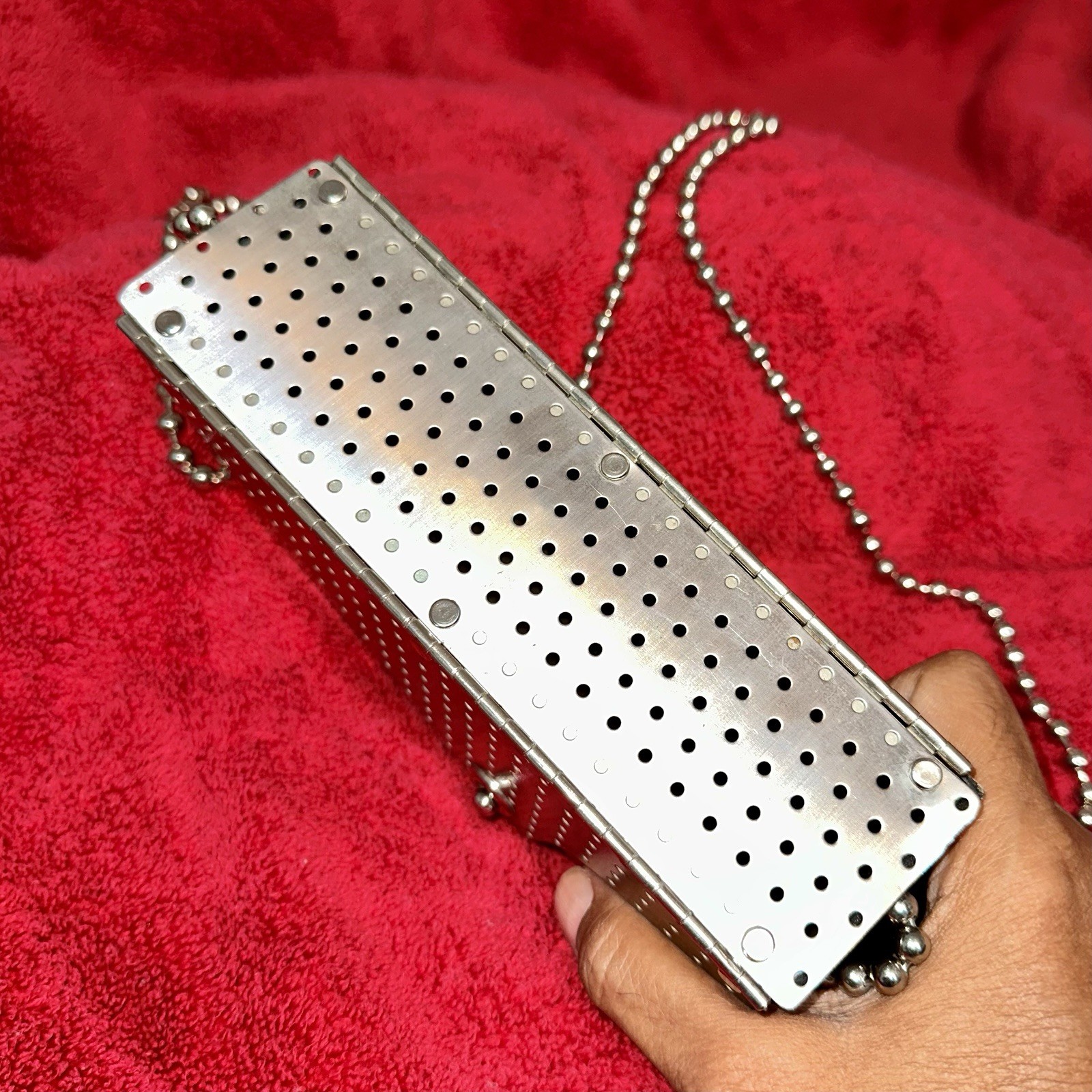 RARE WENDY STEVENS Vintage Signed Metal Half Moon Clutch Perforated Stainless