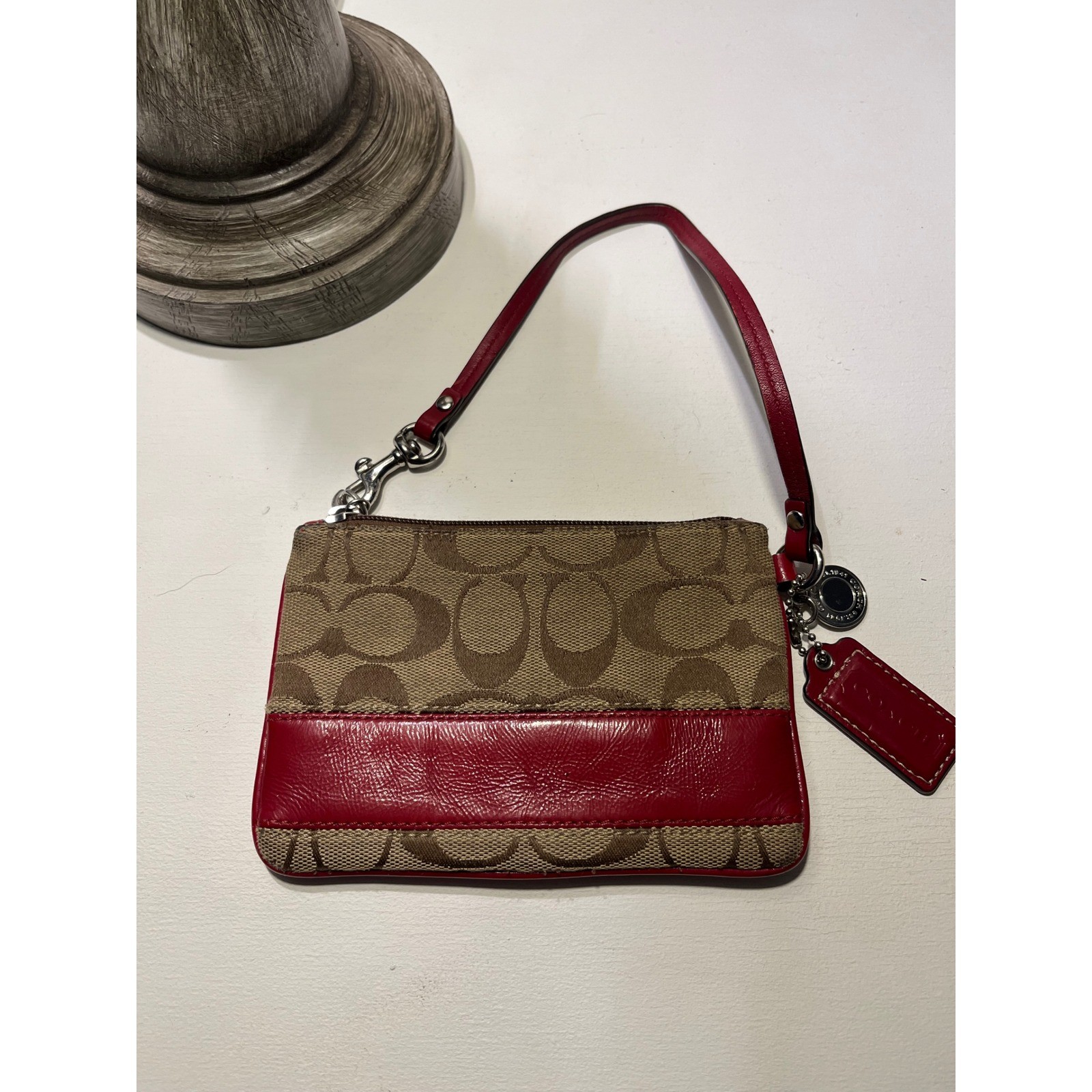 Coach Signature Jacquard Wristlet Khaki Red Leather Trim 42927 Small Bag
