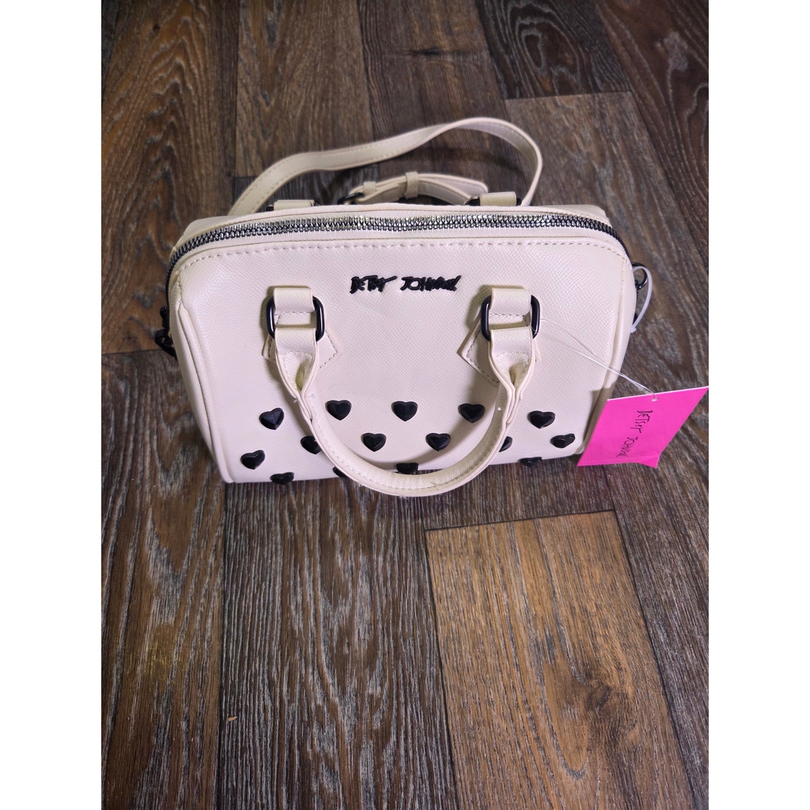 Betsey Johnson Cream Heart Studded Mini Satchel Crossbody Bag Cream Black NWT