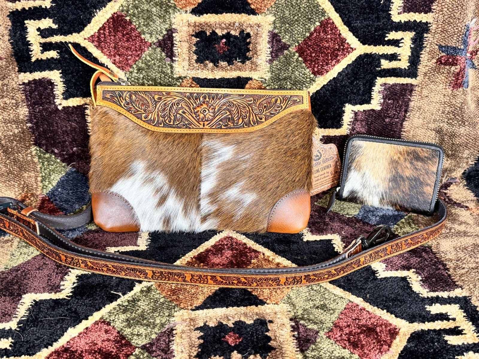 Western Linen Tooled Hair-On Hide Zip Top Crossbody Bag + Wallet