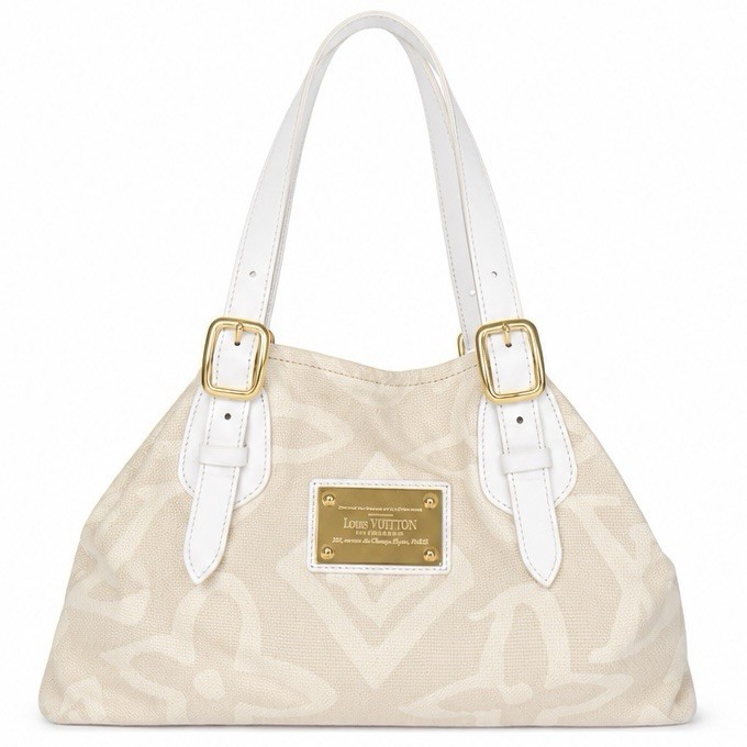 Louis Vuitton Tahitienne Cabas PM Cream Canvas Tote Bag White Leather Auth