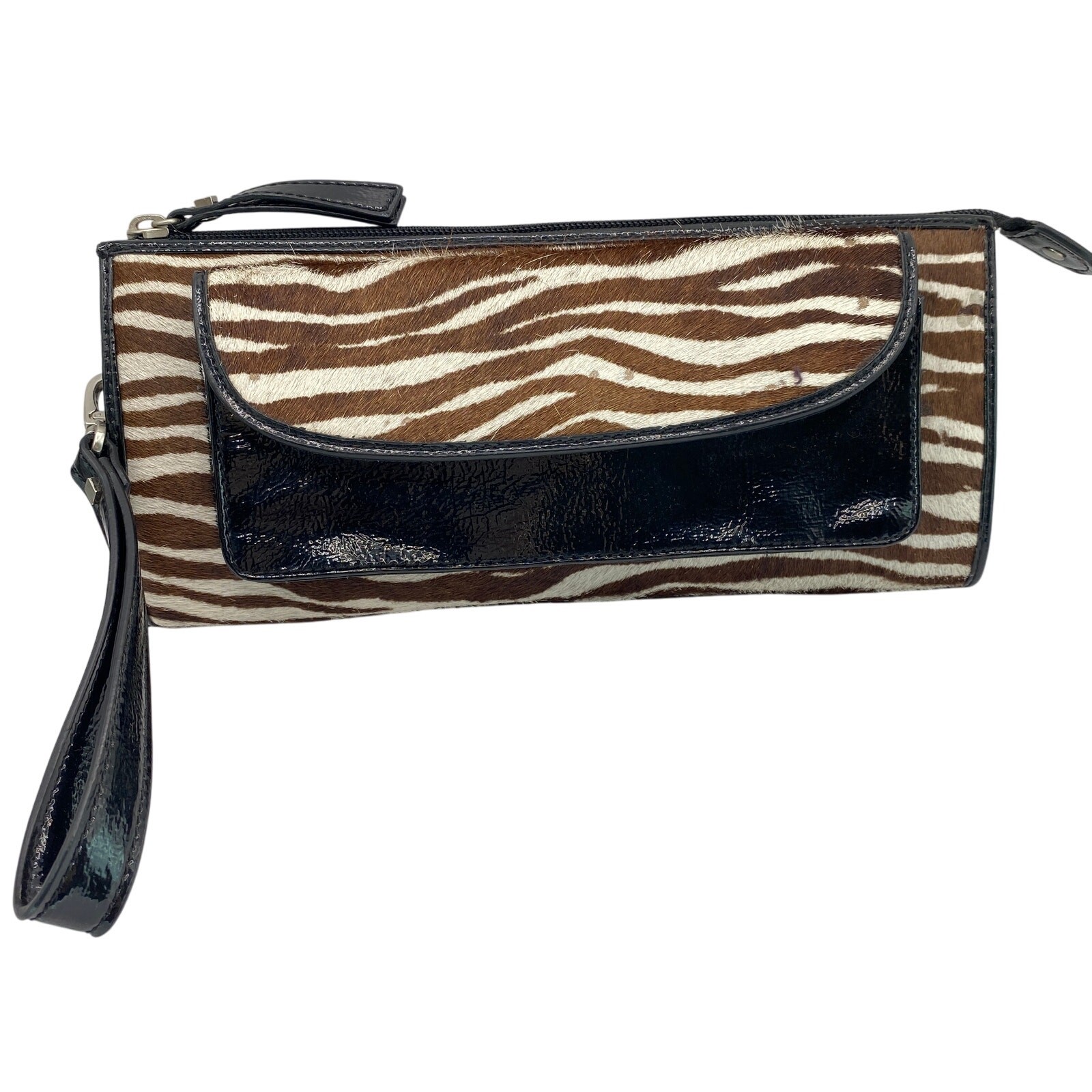 Vintage Talbots Zebra Calf Hair Wristlet Clutch Black Brown Leather and PVC Trim