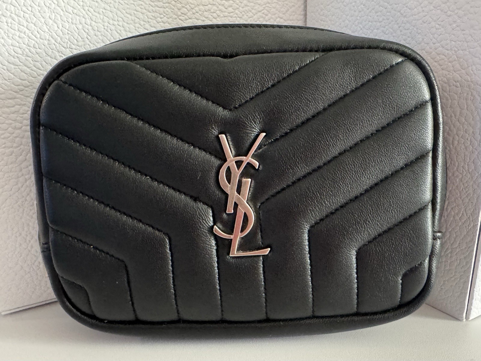 Saint Laurent Monogram Chevron Lambskin Cosmetic Pouch Black Italy Dust Bag