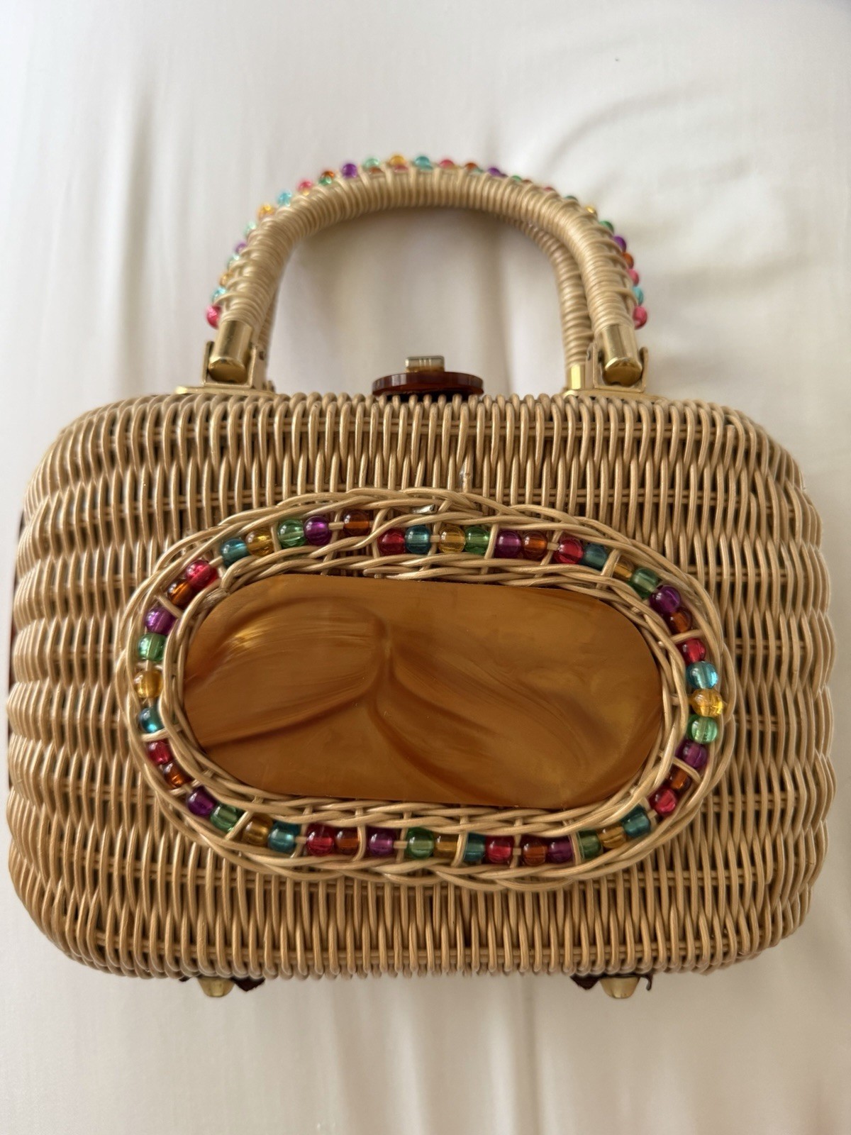 Beige Woven Wicker Top Handle Satchel, Beaded Accents, Gold Latch, Lined