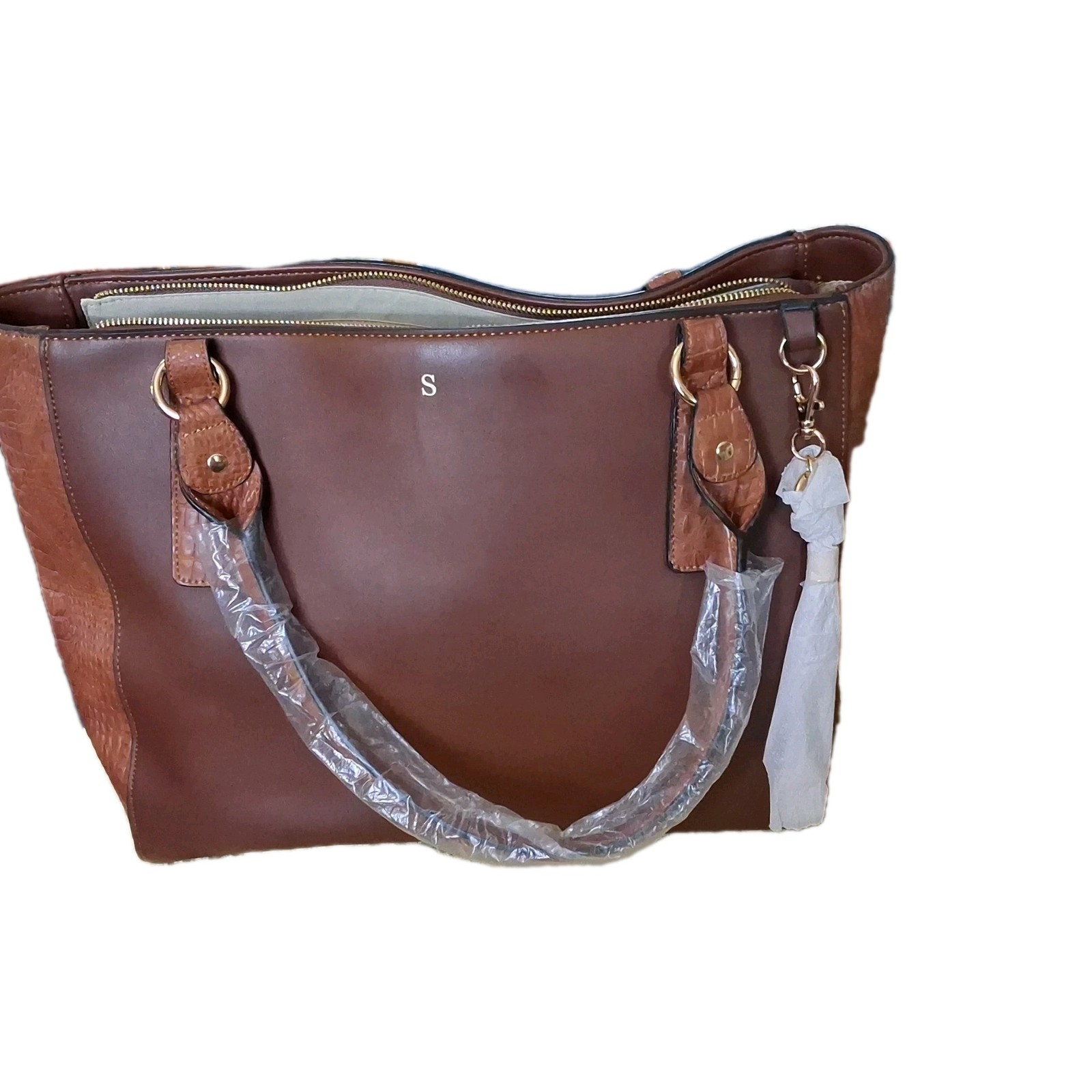D&T Initial S Ultim Brown Large Tote Bag Zip Top Double Handles Detachable Strap