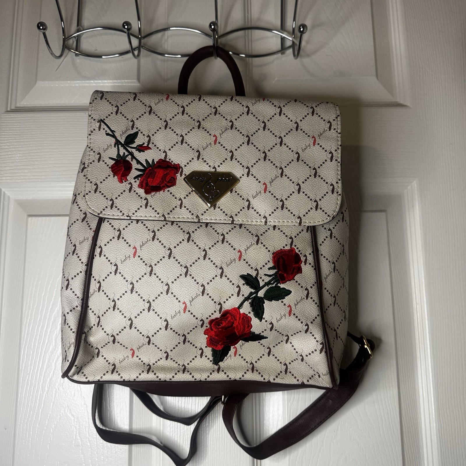 Baby Phat Y2K Embroidered Rose Floral Backpack Cream Brown Logo Print Bag