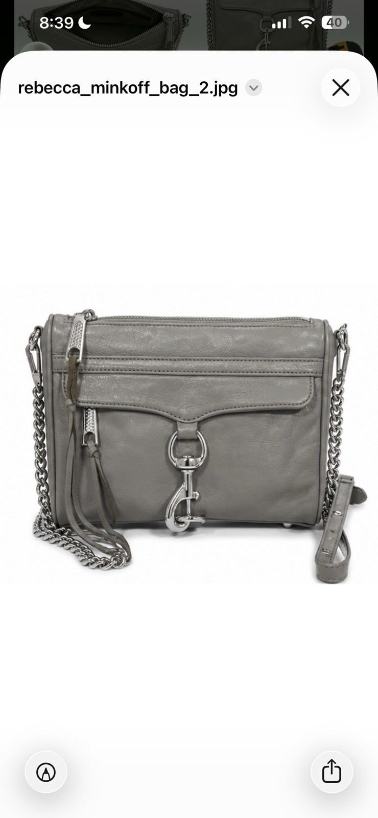 Rebecca Minkoff Mini MAC Gray Leather Crossbody Bag Silver Chain Strap Dust Bag