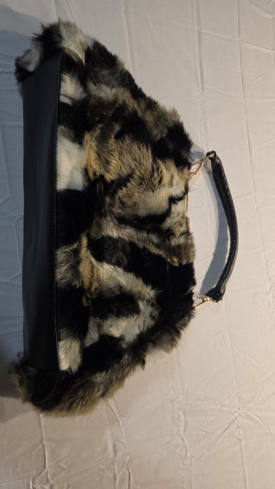 Paper Fox Faux Fur Handbag Black Brown Shoulder Bag Tote Gold Tone
