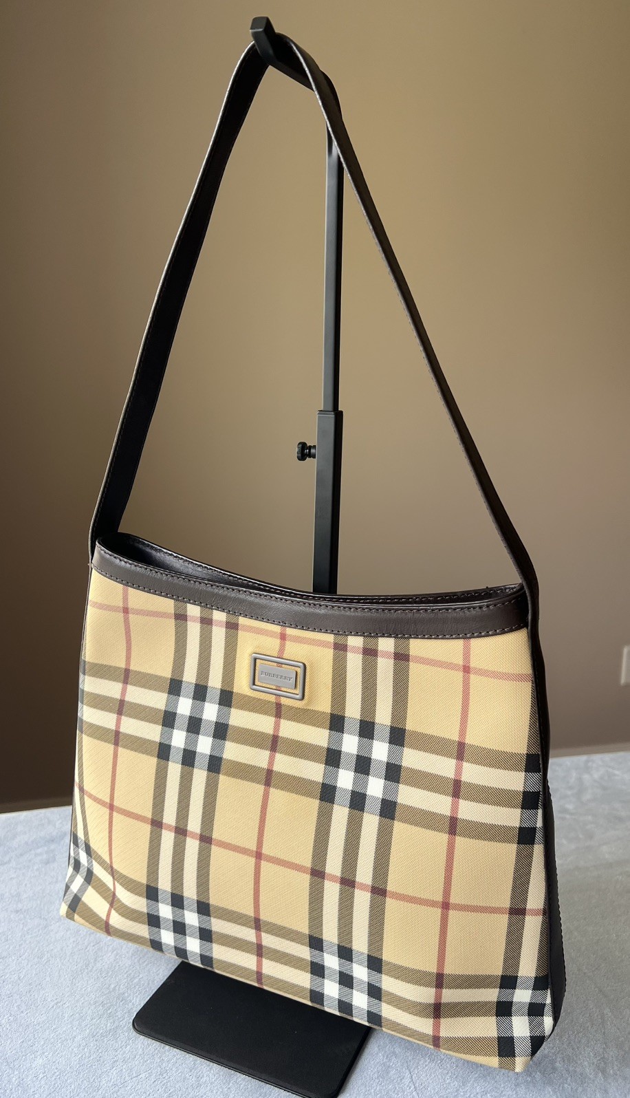 Burberry London Nova Check Shoulder Bag Beige Brown Leather Vintage Italy
