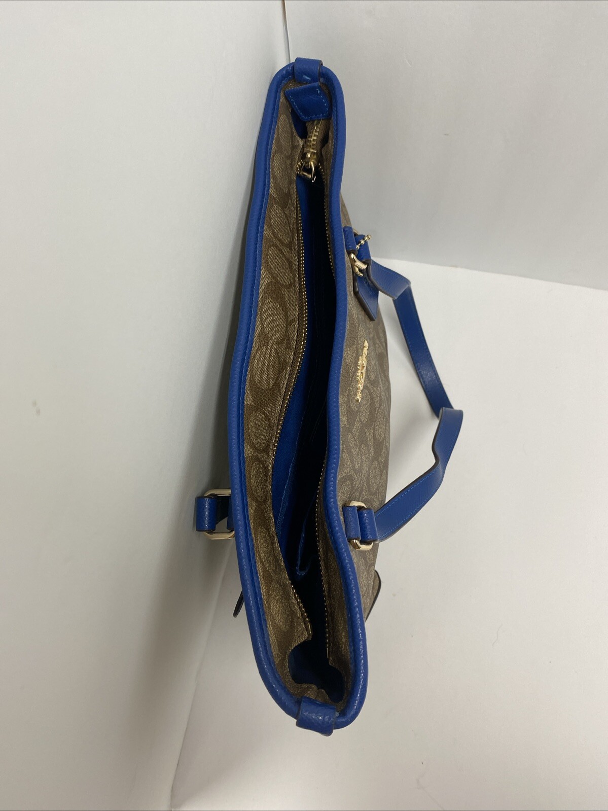 Coach Signature Leather Canvas Brown Blue Zip Tote Bag F34603
