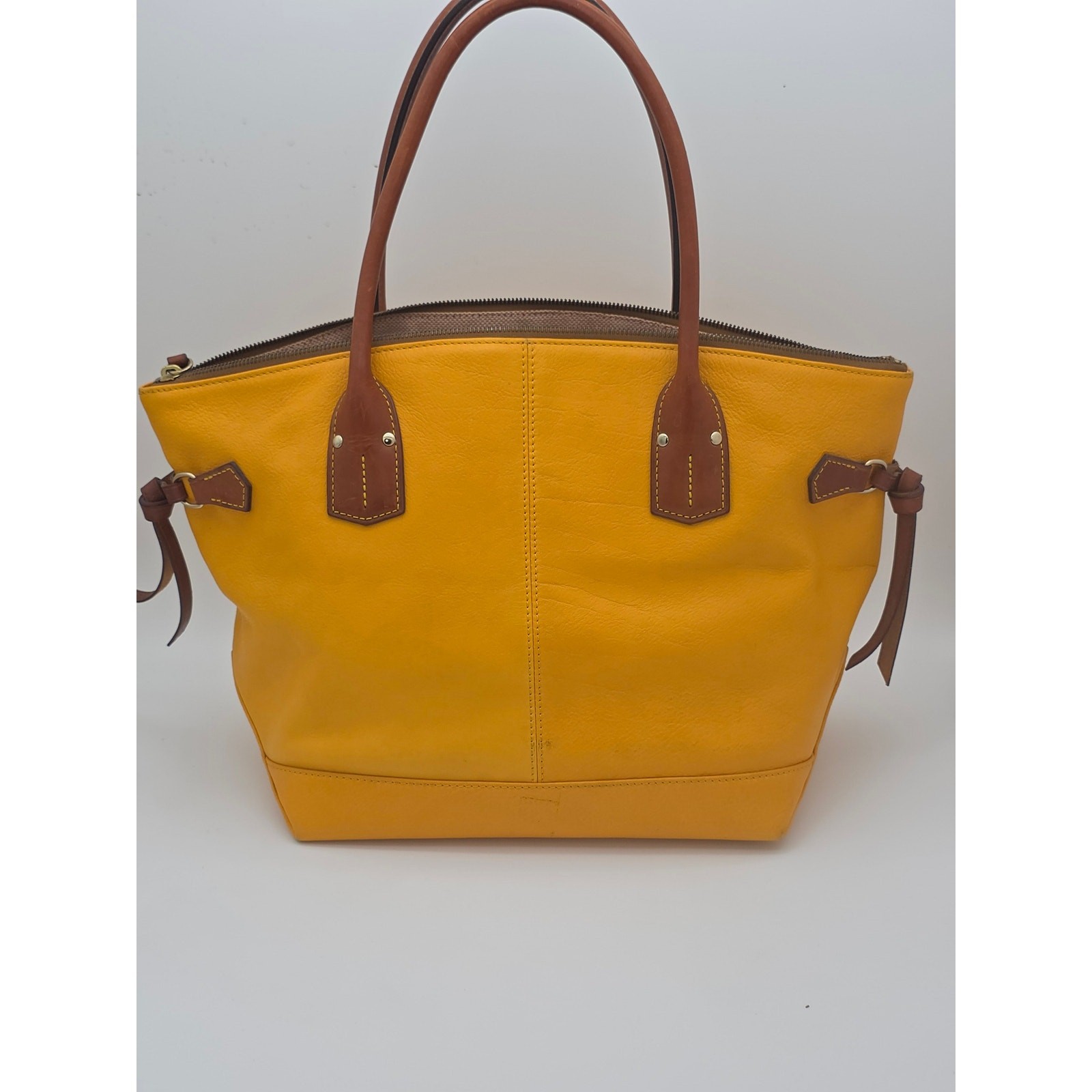 Dooney & Bourke Yellow Leather Bucket Tote Cognac Trim Duck Logo Silver