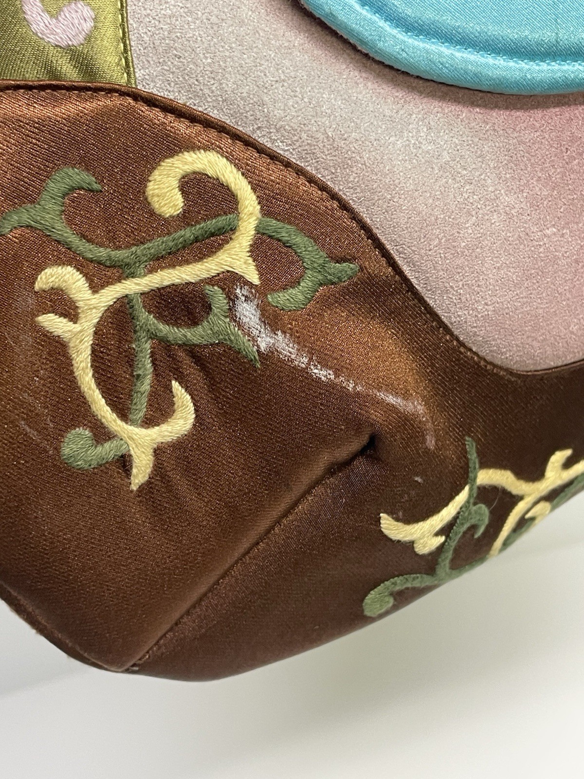 “Frozen” Embroidered Suede Satin Oovoo Crossbody Bag Evergreen Brown Multi Retro