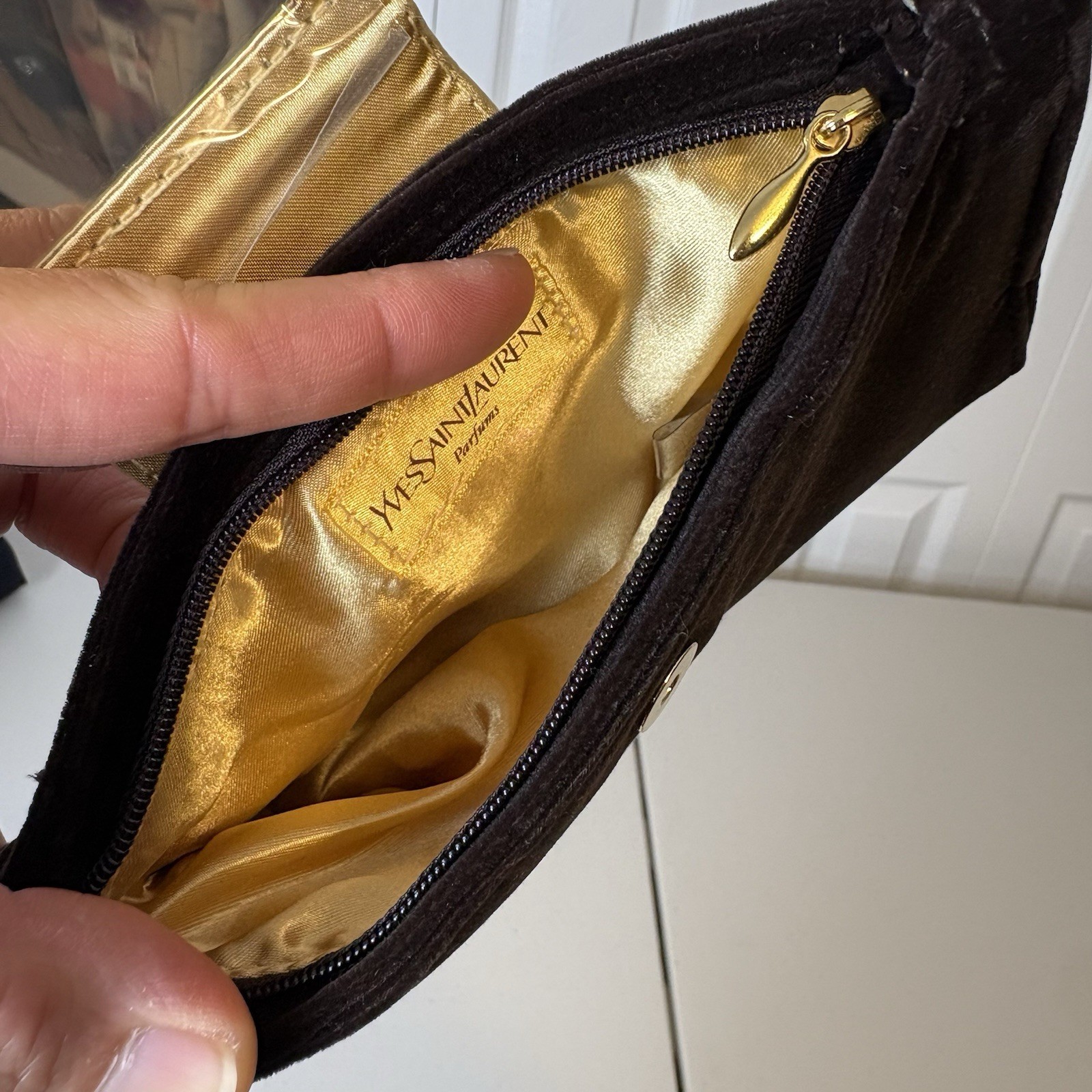Yves Saint Laurent YSL Vintage Velvet Clutch Perfume Bag Brown With Mirror