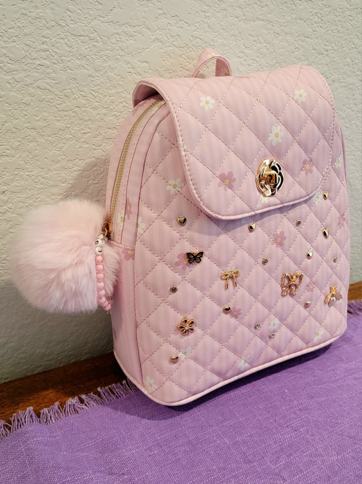 Under One Sky Pink Mini Backpack – Bows, Hearts, Butterfly, Pompom & Bracelet