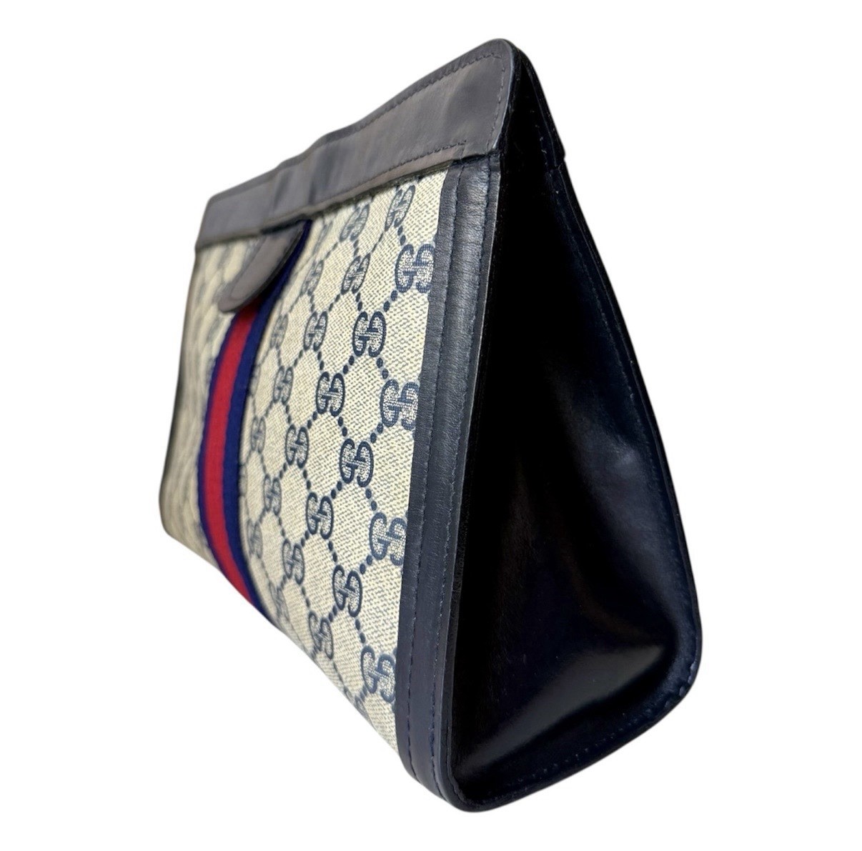 GUCCI GG Monogram Navy Leather Vintage Web Sherry Line Clutch Bag