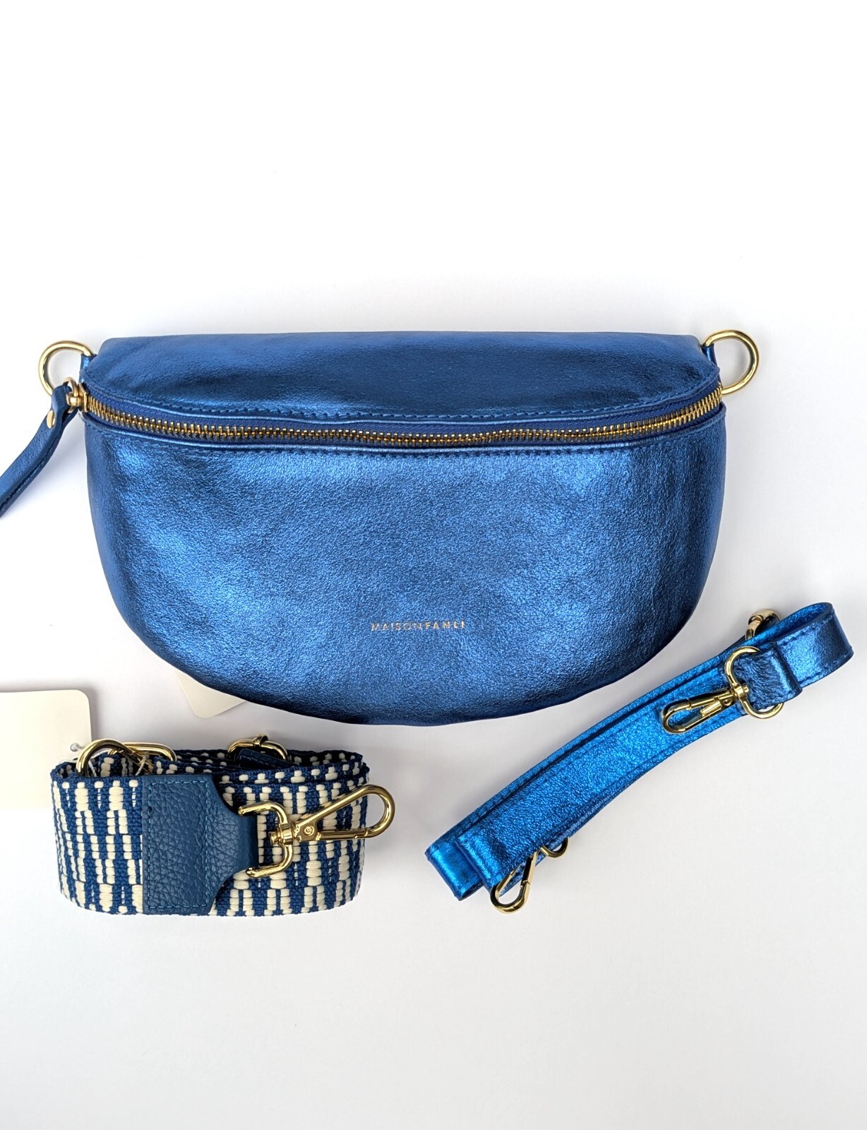 Italian Genuine Leather Fanny Pack 2 Straps Metallic Blue Crossbody Waist Bag