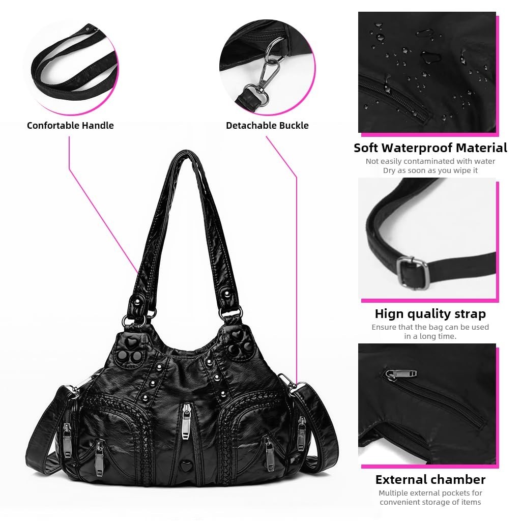 Retro Y2K Women’s Hobo Bag – Multi-Pocket Studded Vegan Leather Shoulder Purse