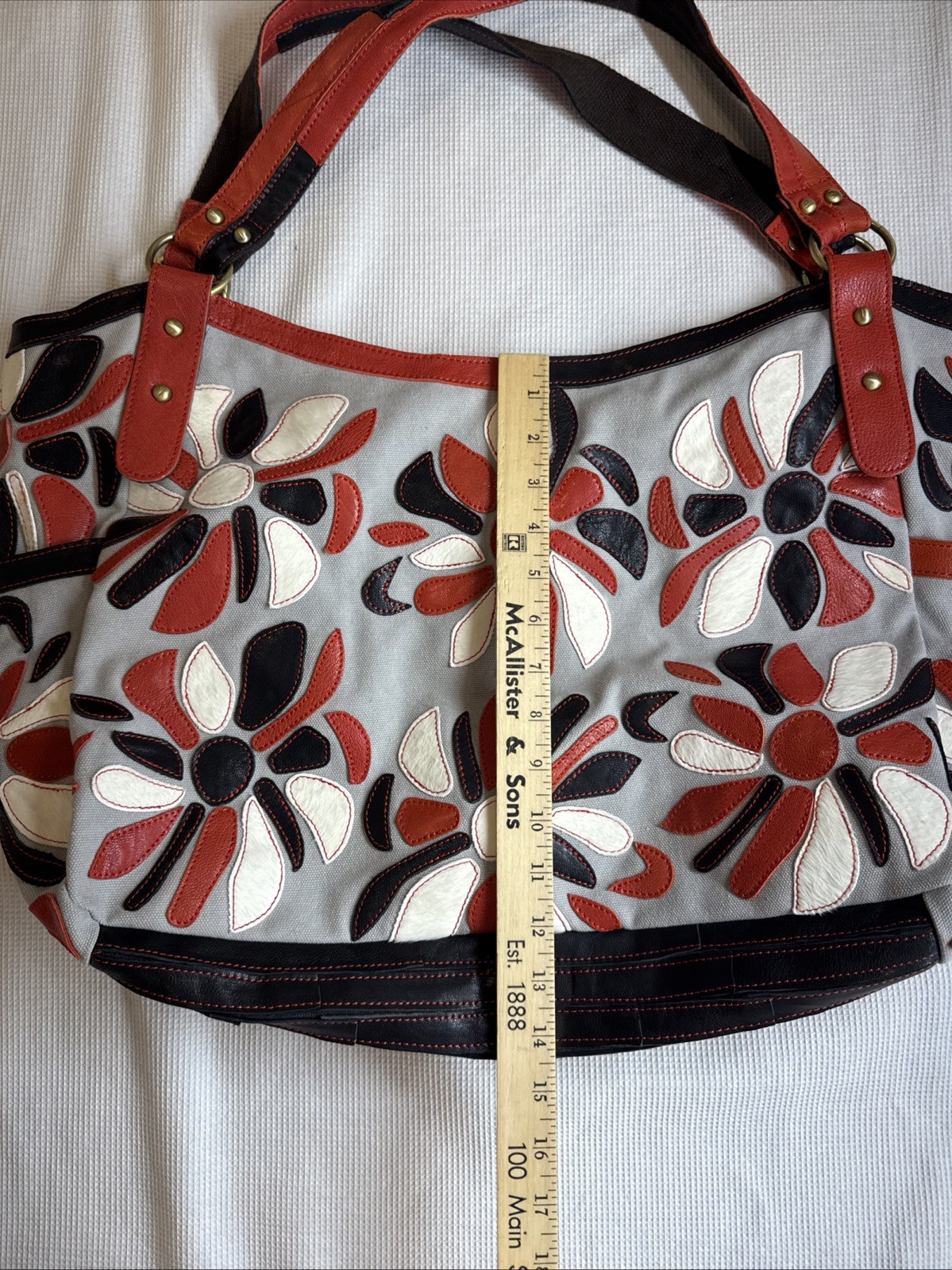 Ameri Leather Hair Floral Patchwork Large Tote Handbag Purse Black Orange White