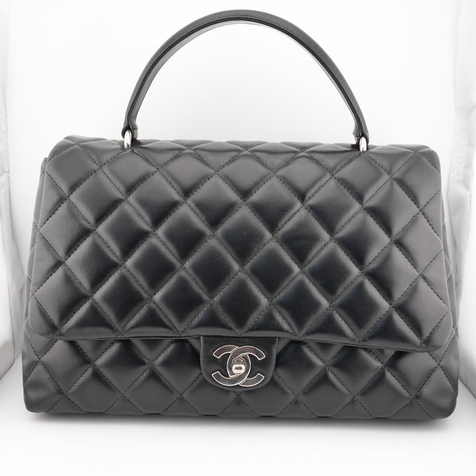 Chanel Quilted Lambskin Leather Black Top Handle Bag Silver Tone