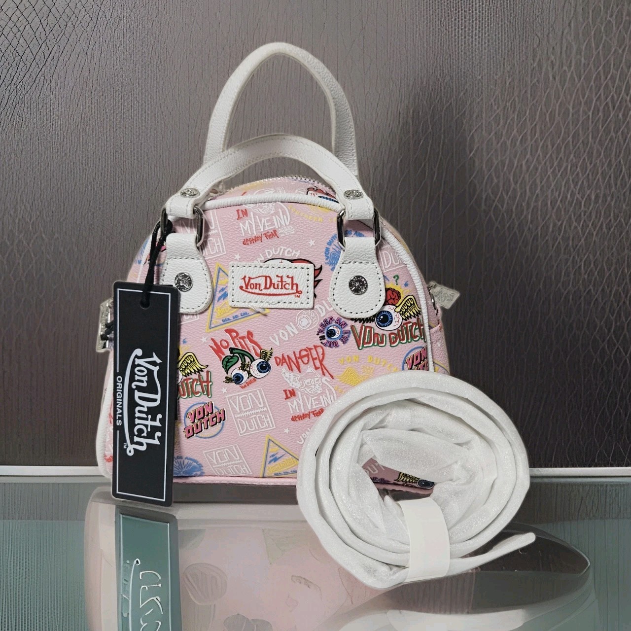 Von Dutch Pink Graffiti Print Satchel Handbag White Handles Y2K NWT Purse