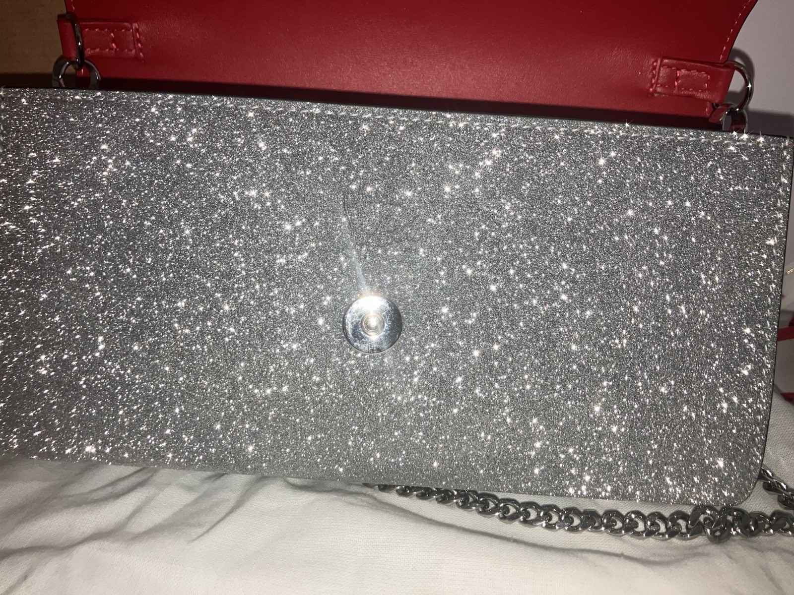 Christian Louboutin Loubi54 Silver Metallic Glitter Chain Clutch Bag