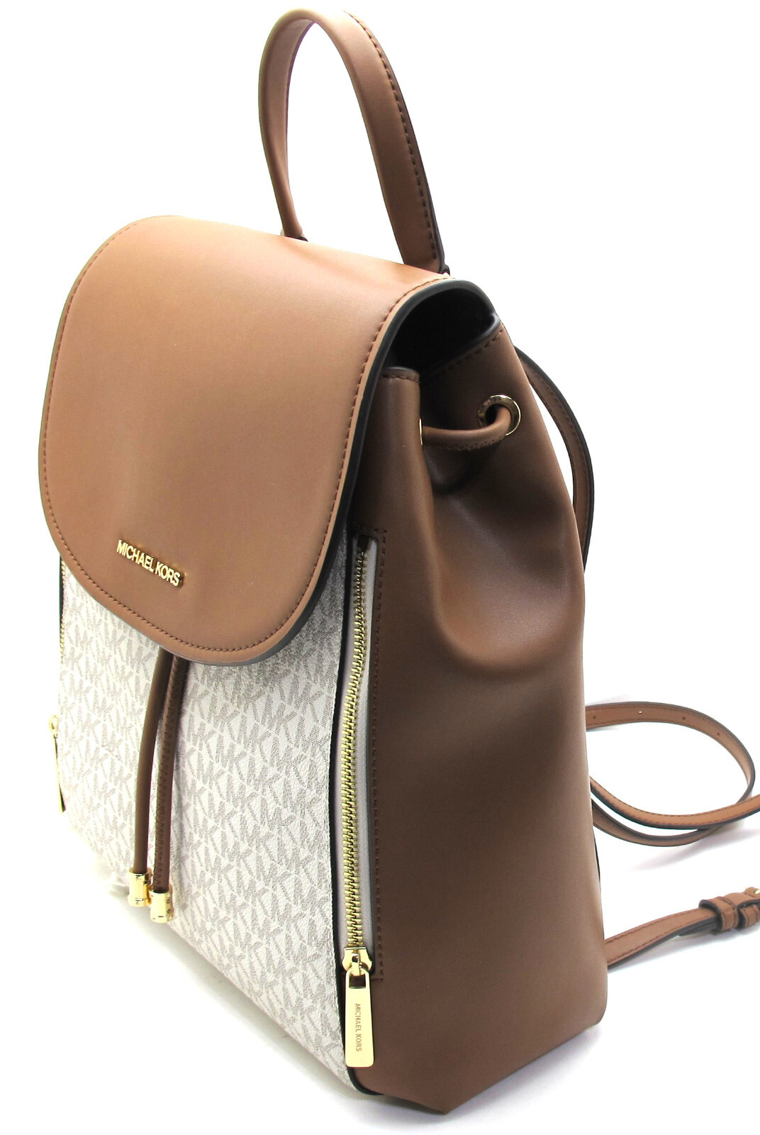 NEW MICHAEL KORS PHOEBE Md Zip Pockets Leather/PVC MK Vanilla/Luggage Backpack