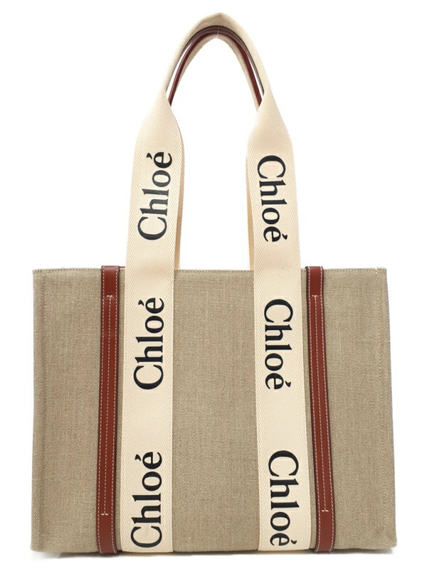 Chloe Woody Medium Canvas x Leather Beige x Brown Tote Bag