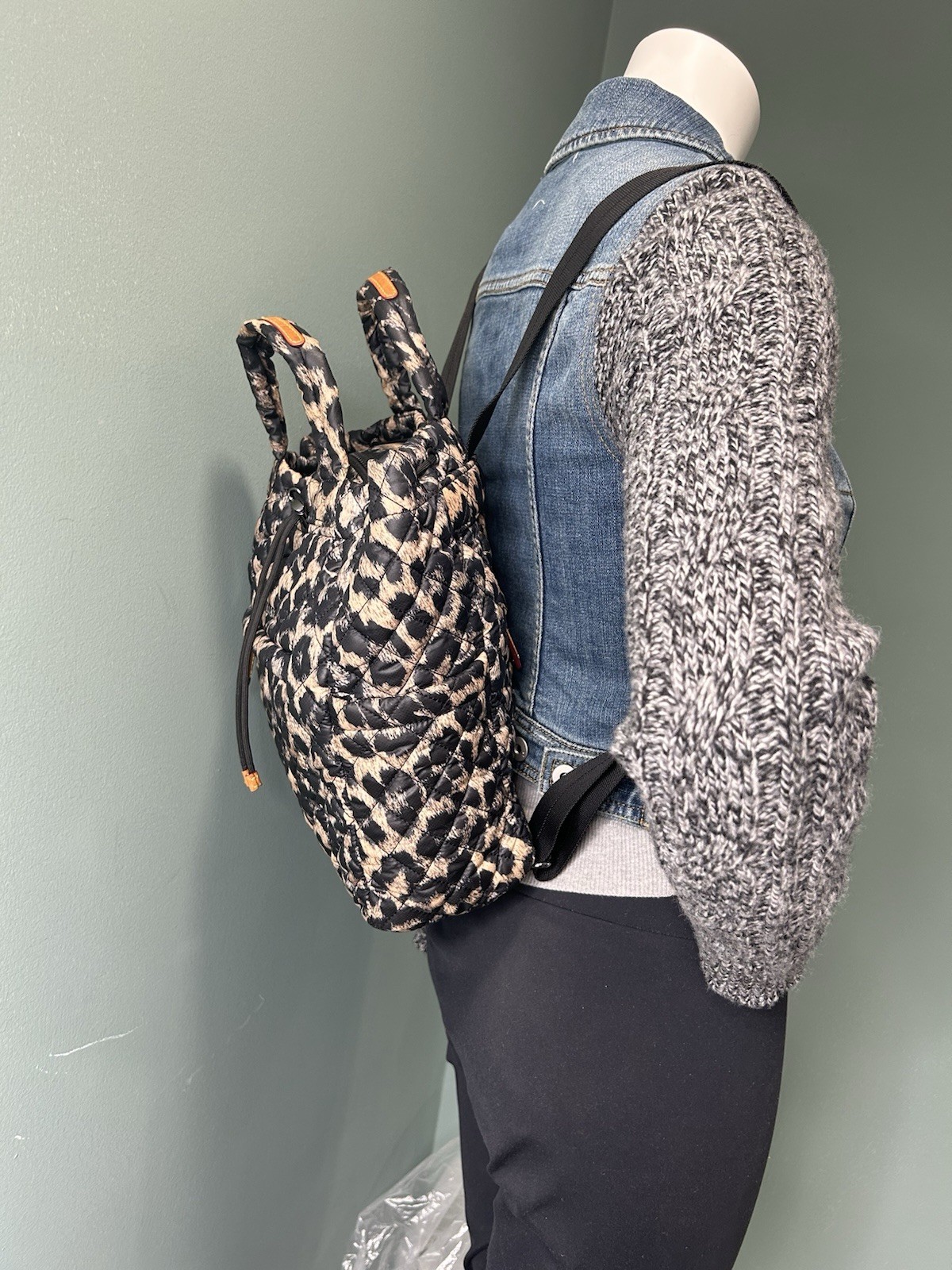 MZ WALLACE Metro Convertible Backpack Tote Leopard Quilted Nylon Shoulder Bag