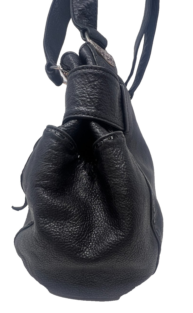 Brighton Black Pebble Leather Bow Shoulder Bag Purse Scroll Brass Heart Charm