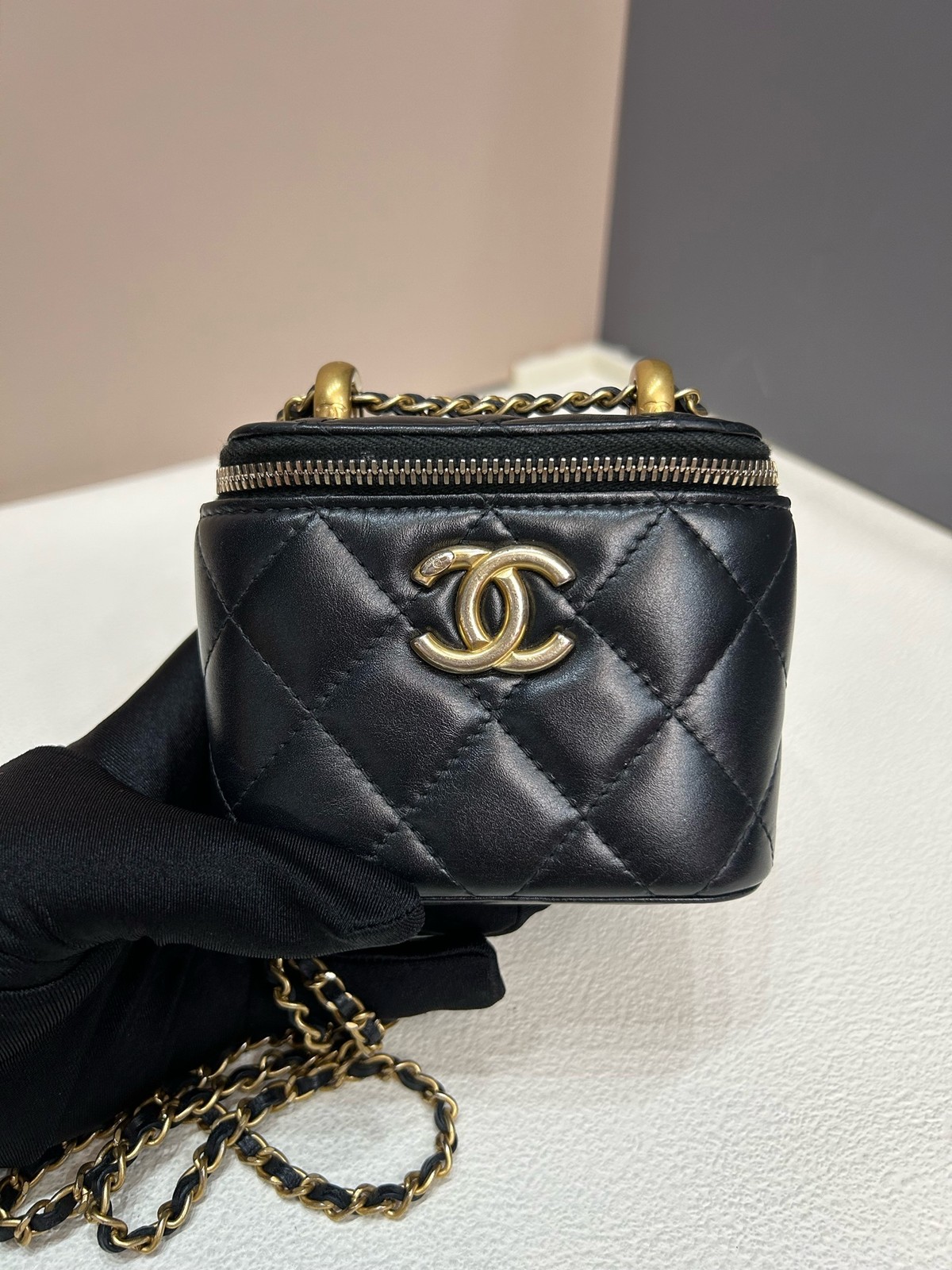 Chanel 21A Double Gold Ball Vanity Case Mini Black Cowhide Crossbody Duty Paid