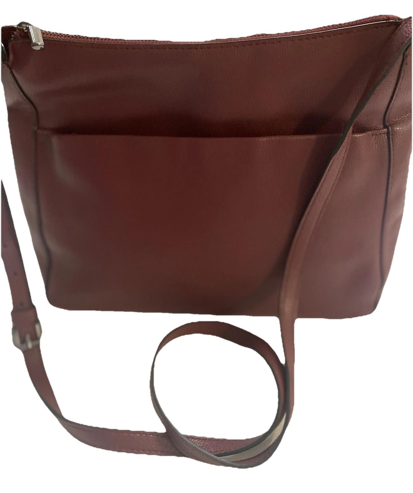 New Day Handbag Crossbody Burgundy 10×8 Inches Faux Leather Zippers and Pockets