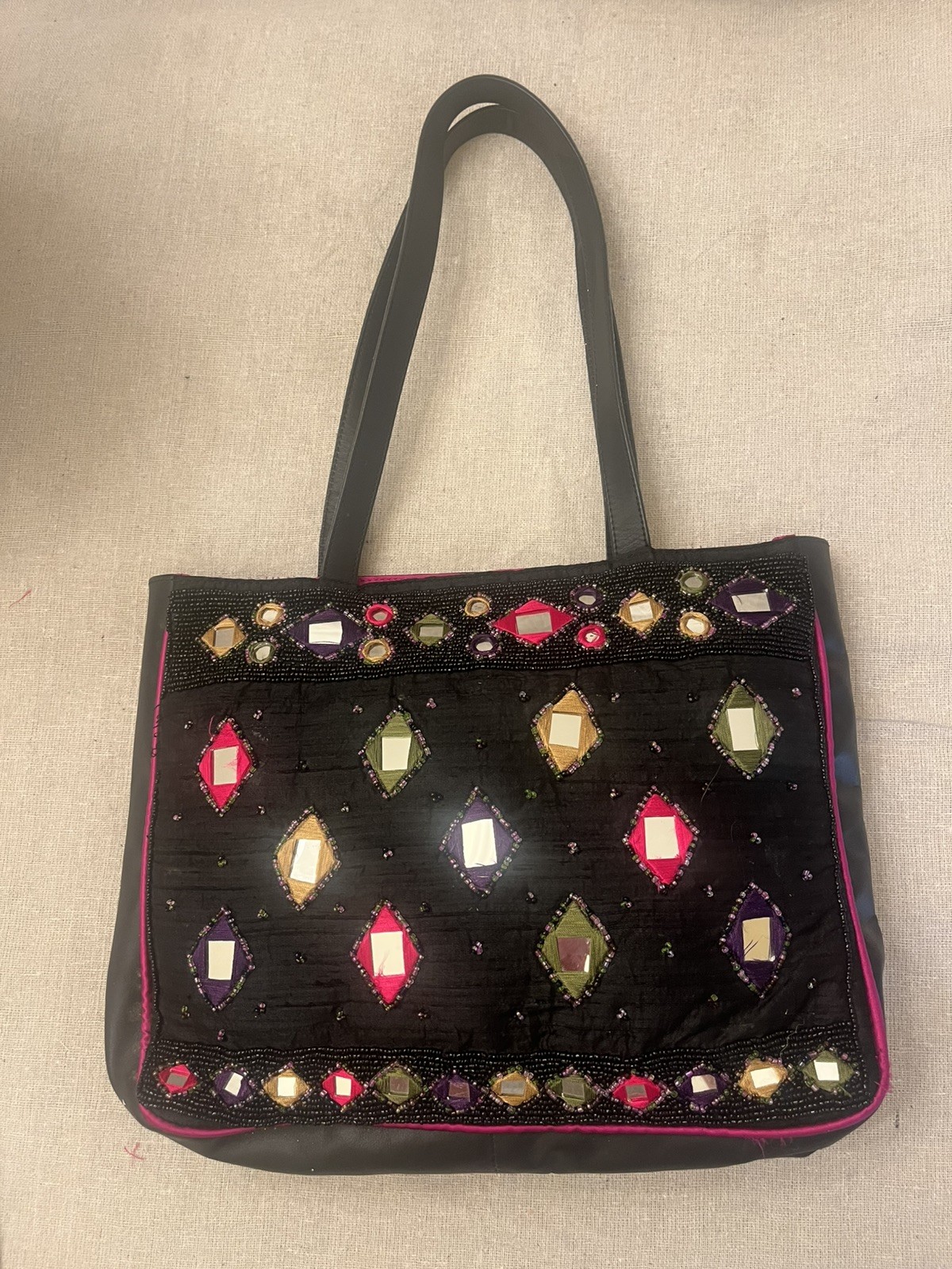 Chico’s Purse Boho Black Silk Black Leather Mirrored Diamonds Beaded Bag Vtg 