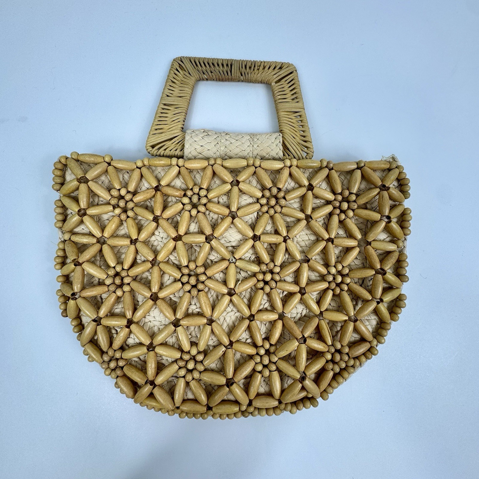 Beaded Straw purse Macrame raffia flower Half Moon Handbag Tote A New Day Summer