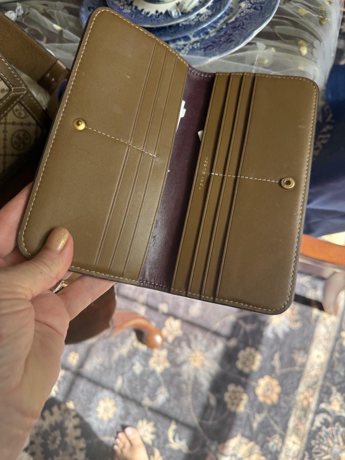 Tory Burch Beige Brown Crossbody Snap Adjustable Strap with Wallet.