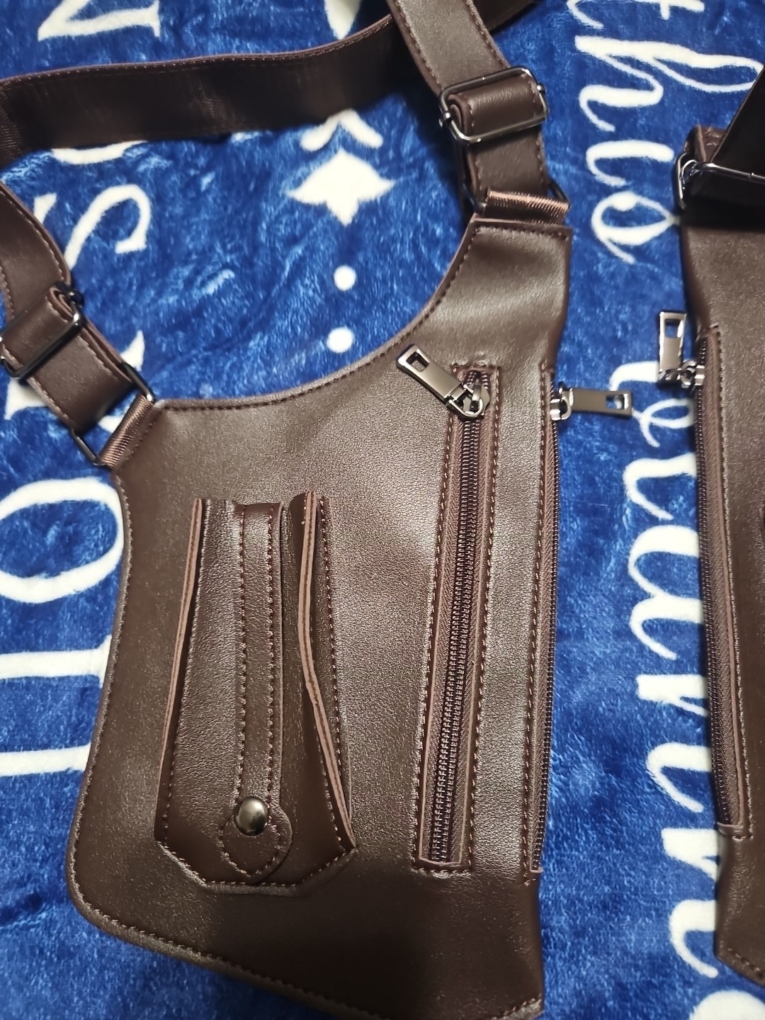 Black Faux Leather Shoulder Harness Carry Around Zip/Snap Pockets