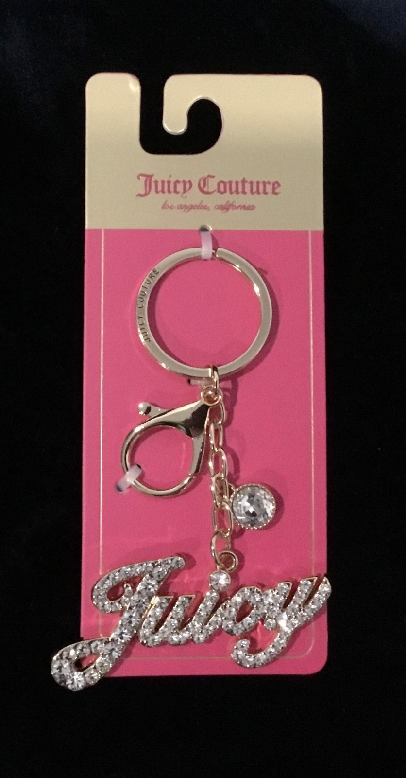 NEW! Juicy Couture Goldtone 3″ Key Ring Bling Crystals Purse Bag Charm