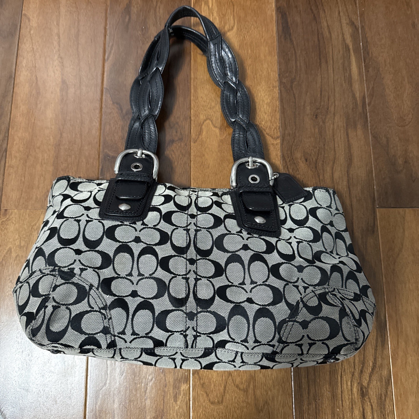 COACH Tote Shoulder Bag Black & Gray C Logo Braided Leather Handles Y2K