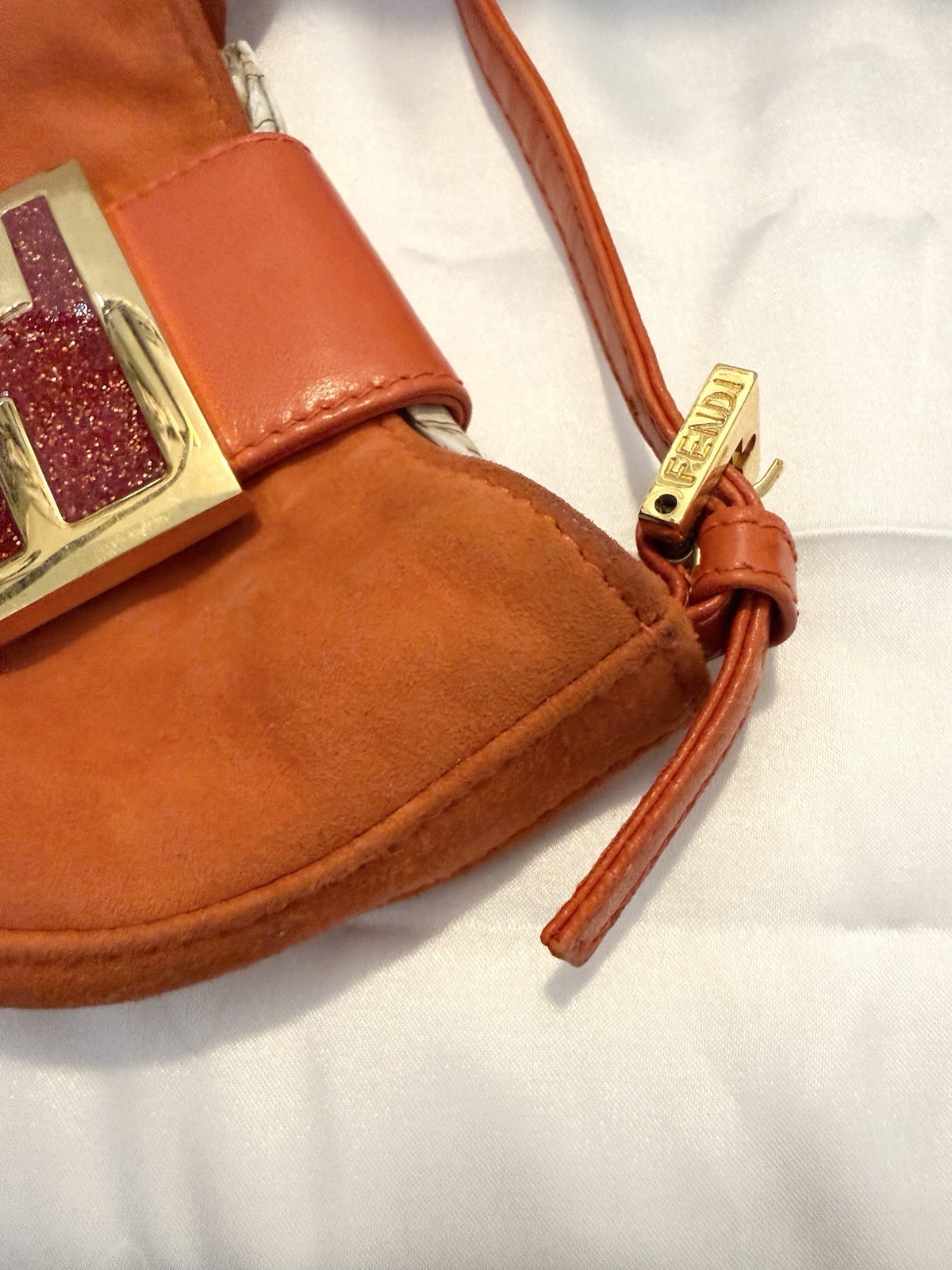 Authentic VINTAGE FENDI MINI CROISSANT ORANGE SUEDE/LEATHER