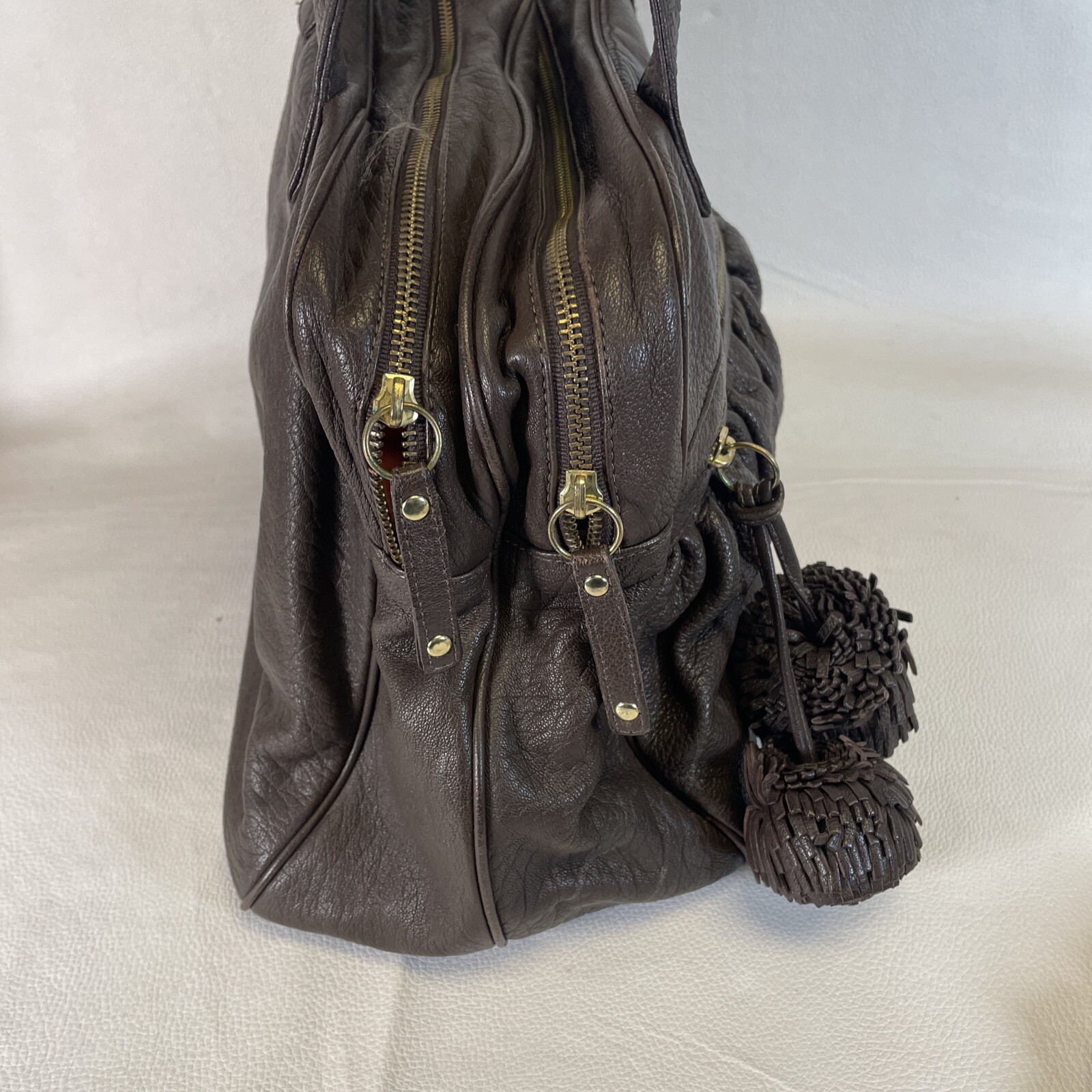 BULGA #4225 Dark Brown Pebble Leather Shoulder Bag With Pom Pom’s Purse