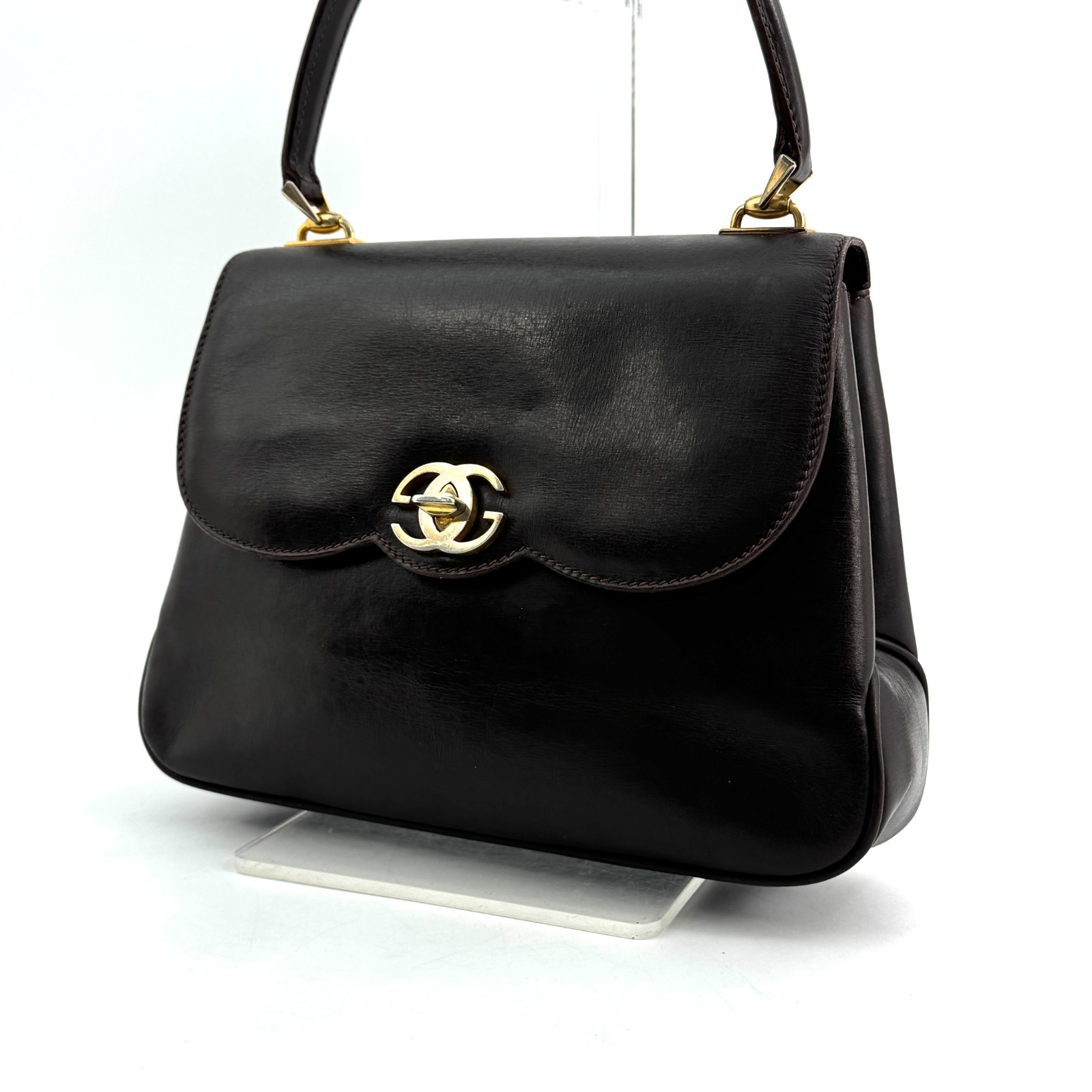 Gucci Vintage Leather Hand Bag Logo Gold Interlocking Dark Brown Used