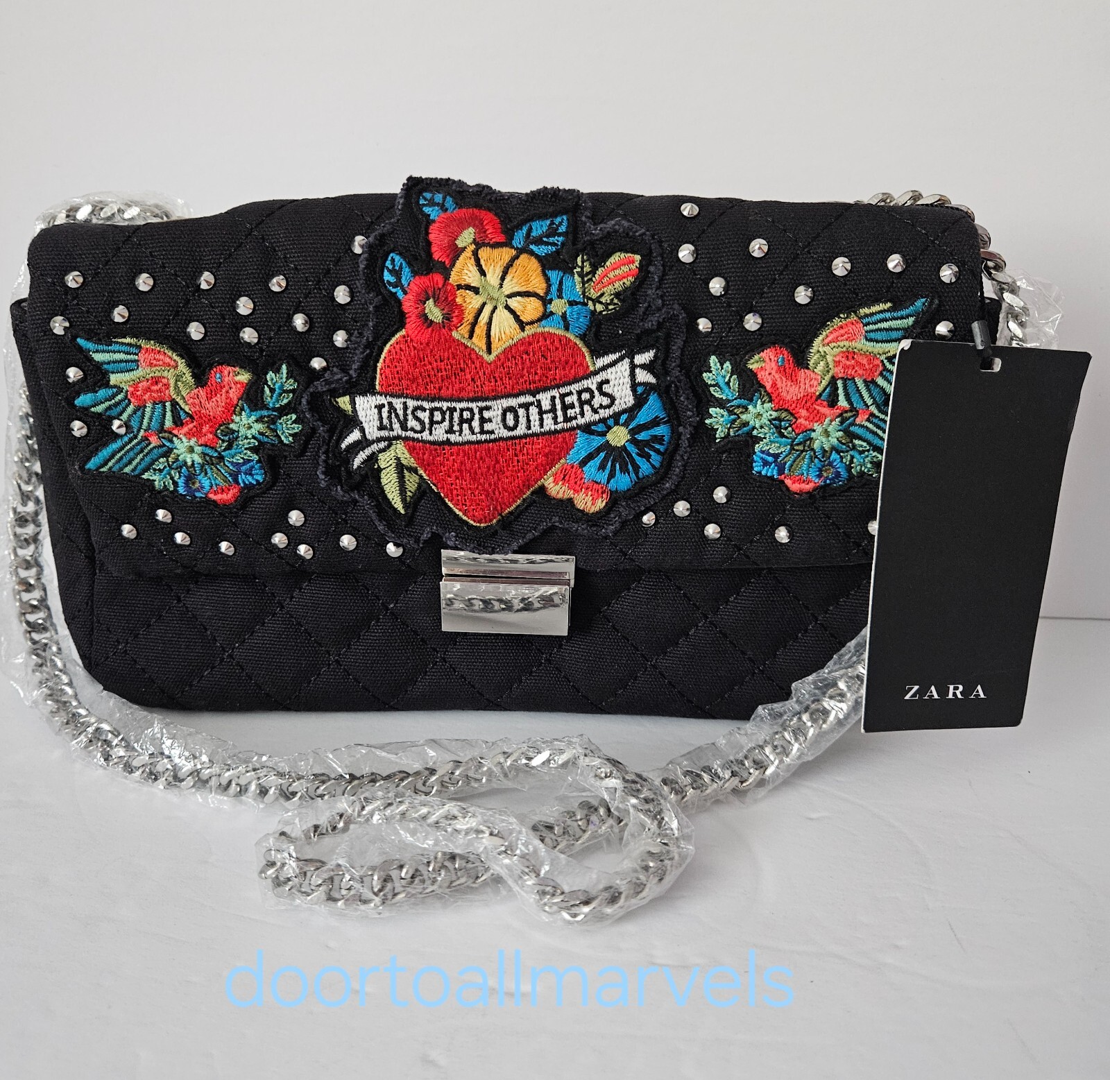 Zara Embroidered Quilted Shoulder Bag Inspire Others Chain Strap 10″ NWT