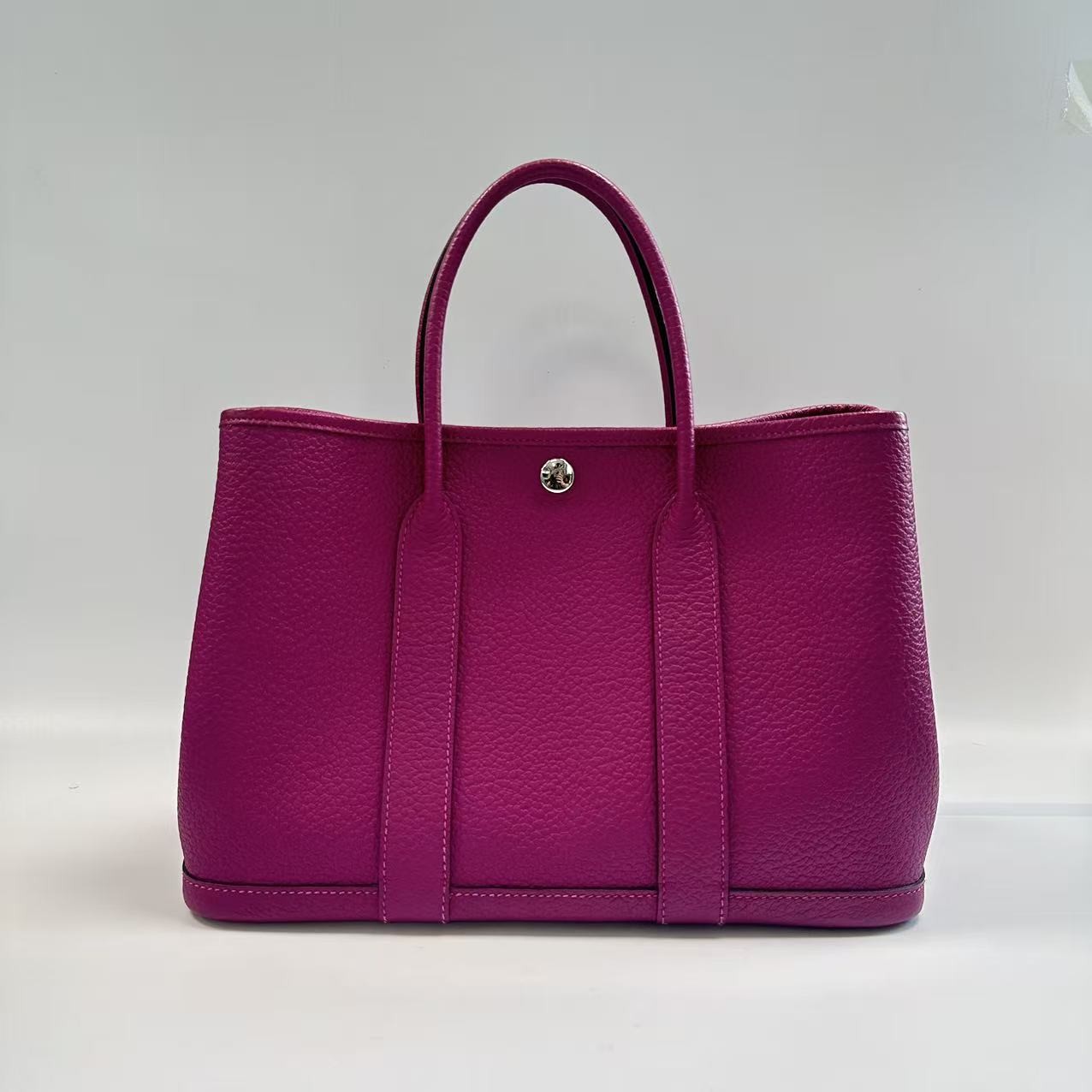 Auth Hermes Garden Party 30 Fuchsia Negonda Leather Silver Hardware Tote Bag/