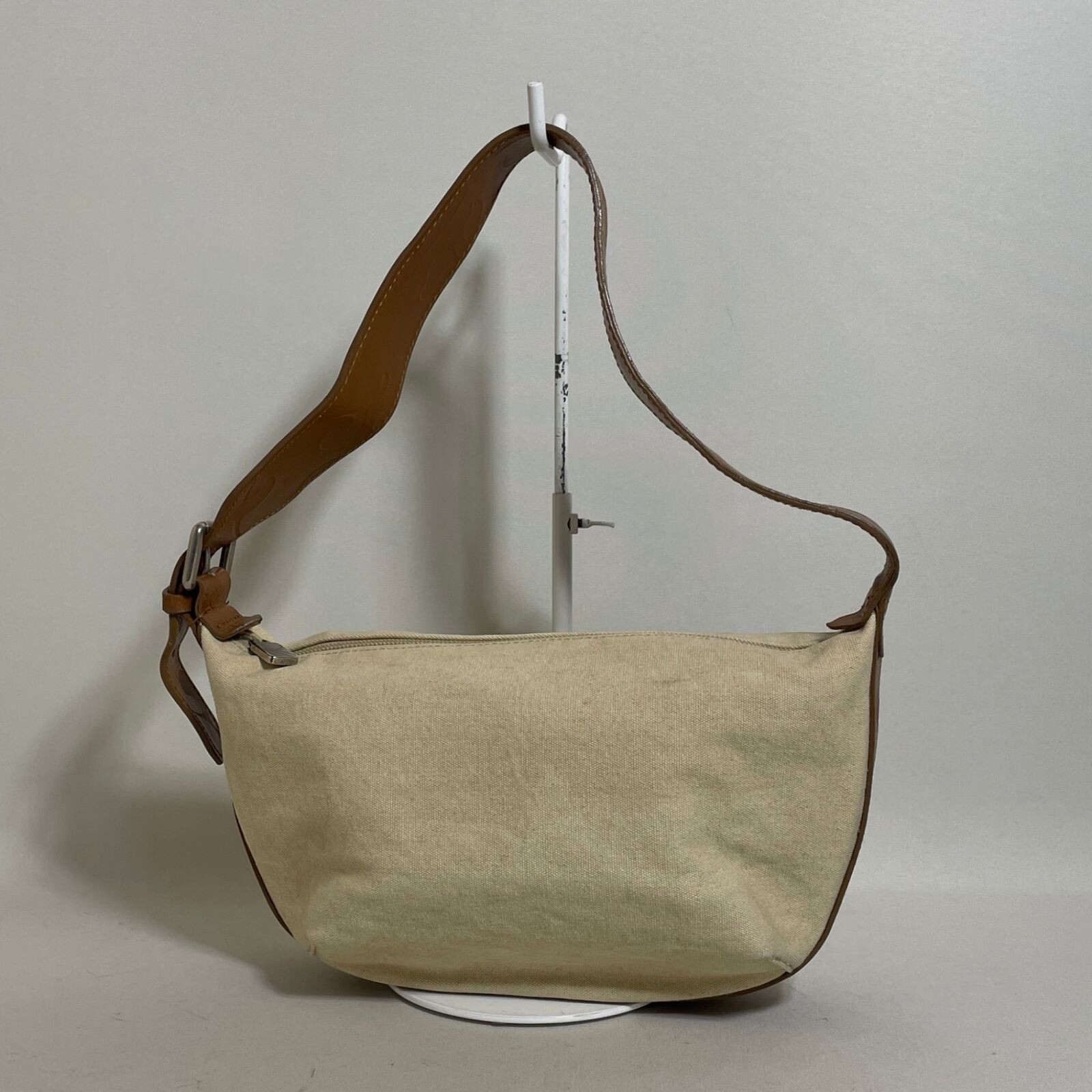 Furla Brown Canvas Leather Shoulder Bag Women Zip Top 11in 18.5cm