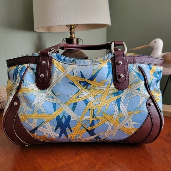 Cole Haan Scarf Print Satchel Blue Yellow Leather Trim Shoulder Bag