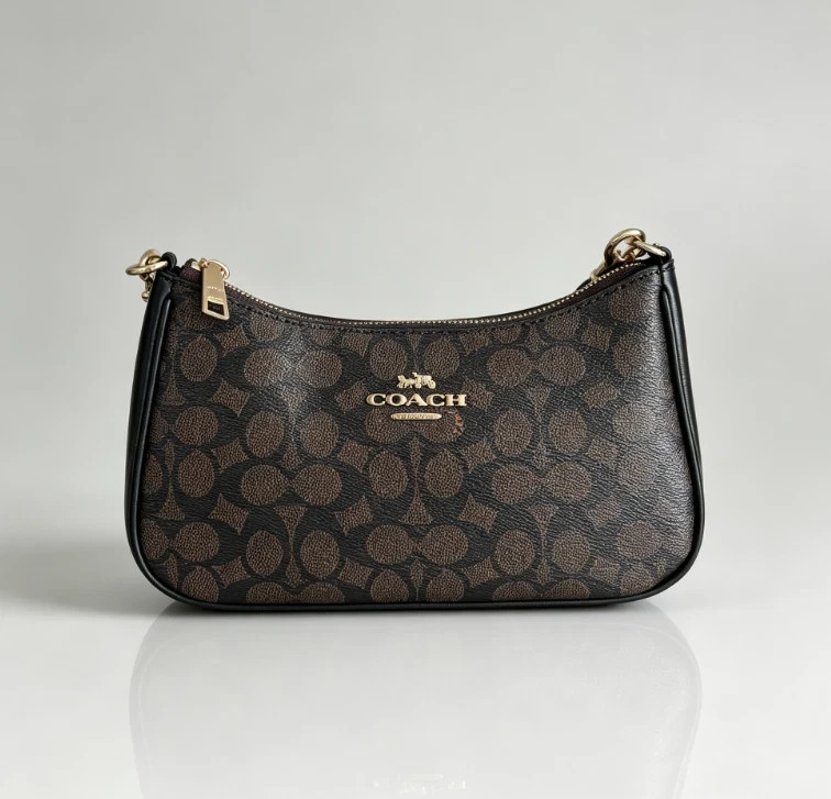 Coach CV933 Teri Shoulder Bag Signature Canvas Walnut Black IMXAQ Gold Hardware