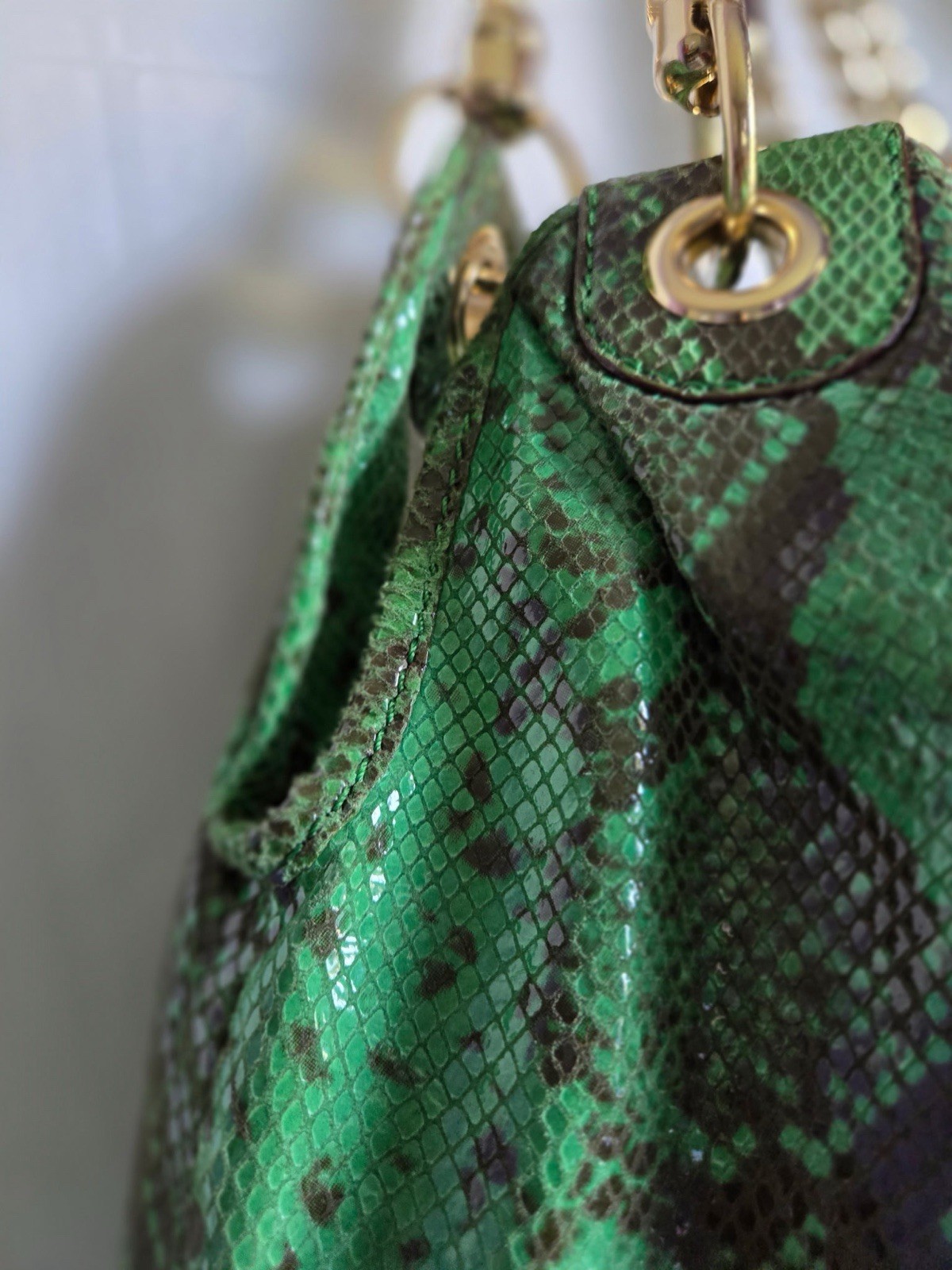 Antonio Melani Green Snake Print Leather Hobo Shoulder Bag Gold Chain Large