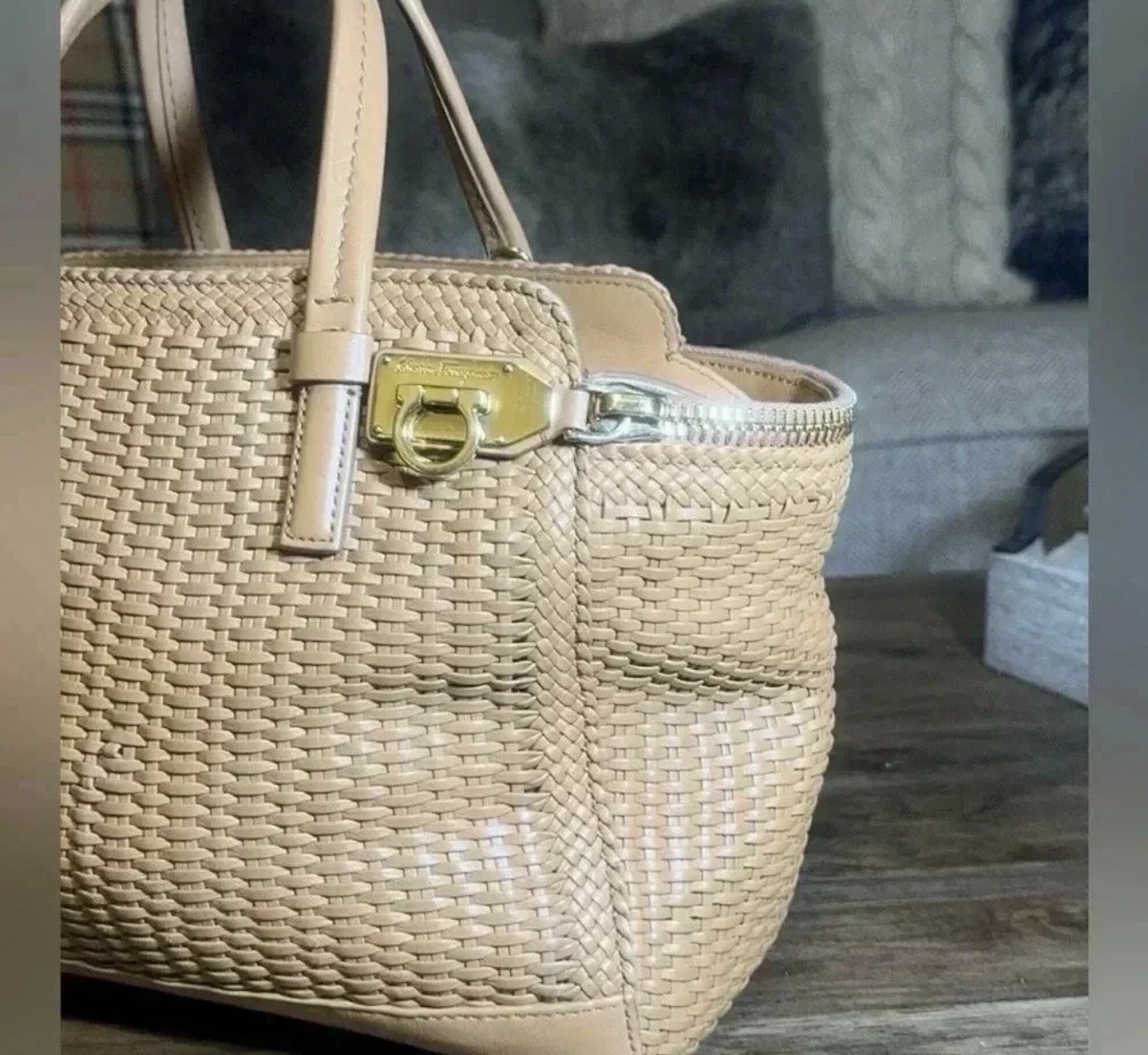 SALVATORE FERRAGAMO Woven, Designer Luxury Handbag, Camel, Leather Purse